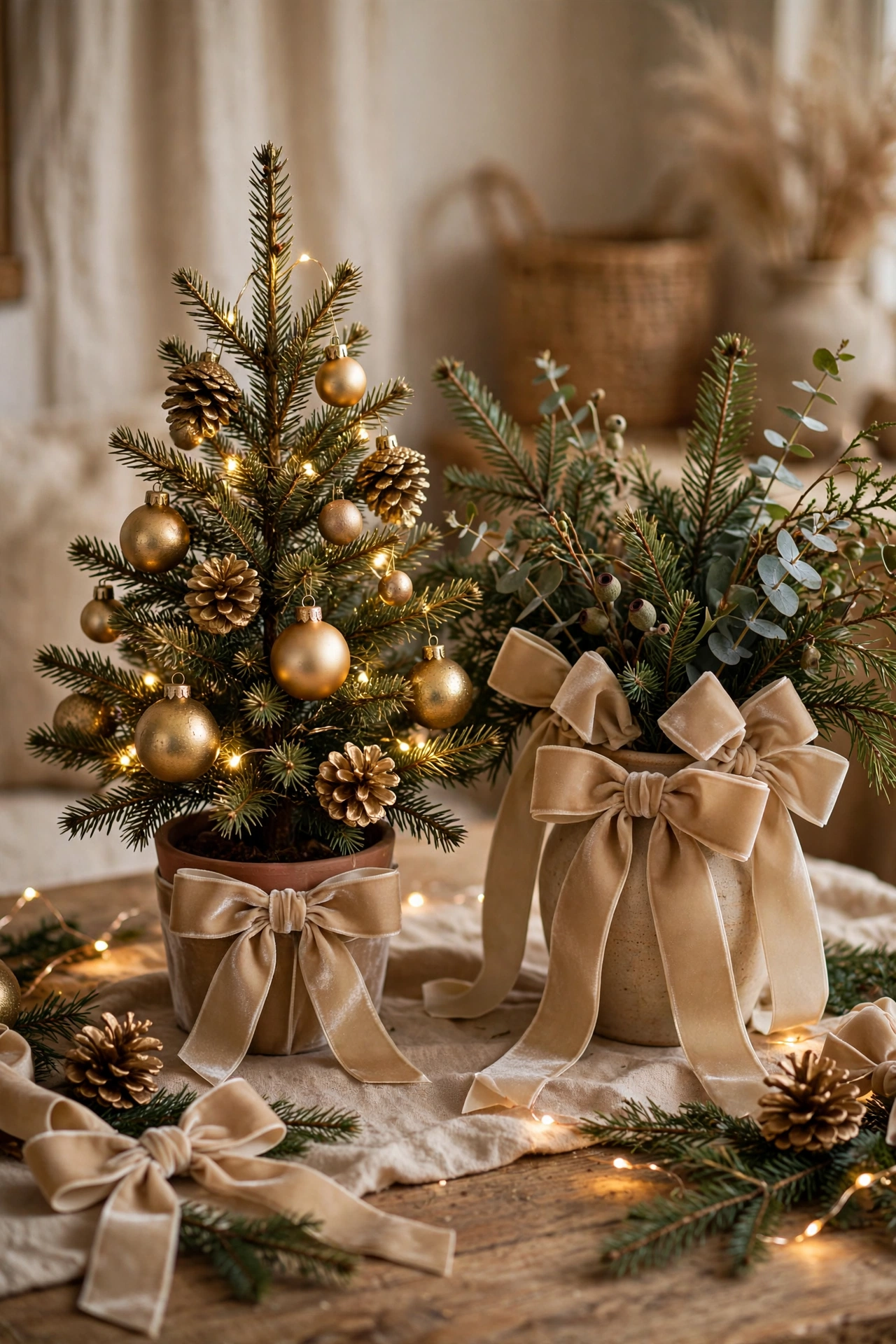 Budget Christmas decor with gold spray-painted ornaments, foraged greenery, and velvet ribbon