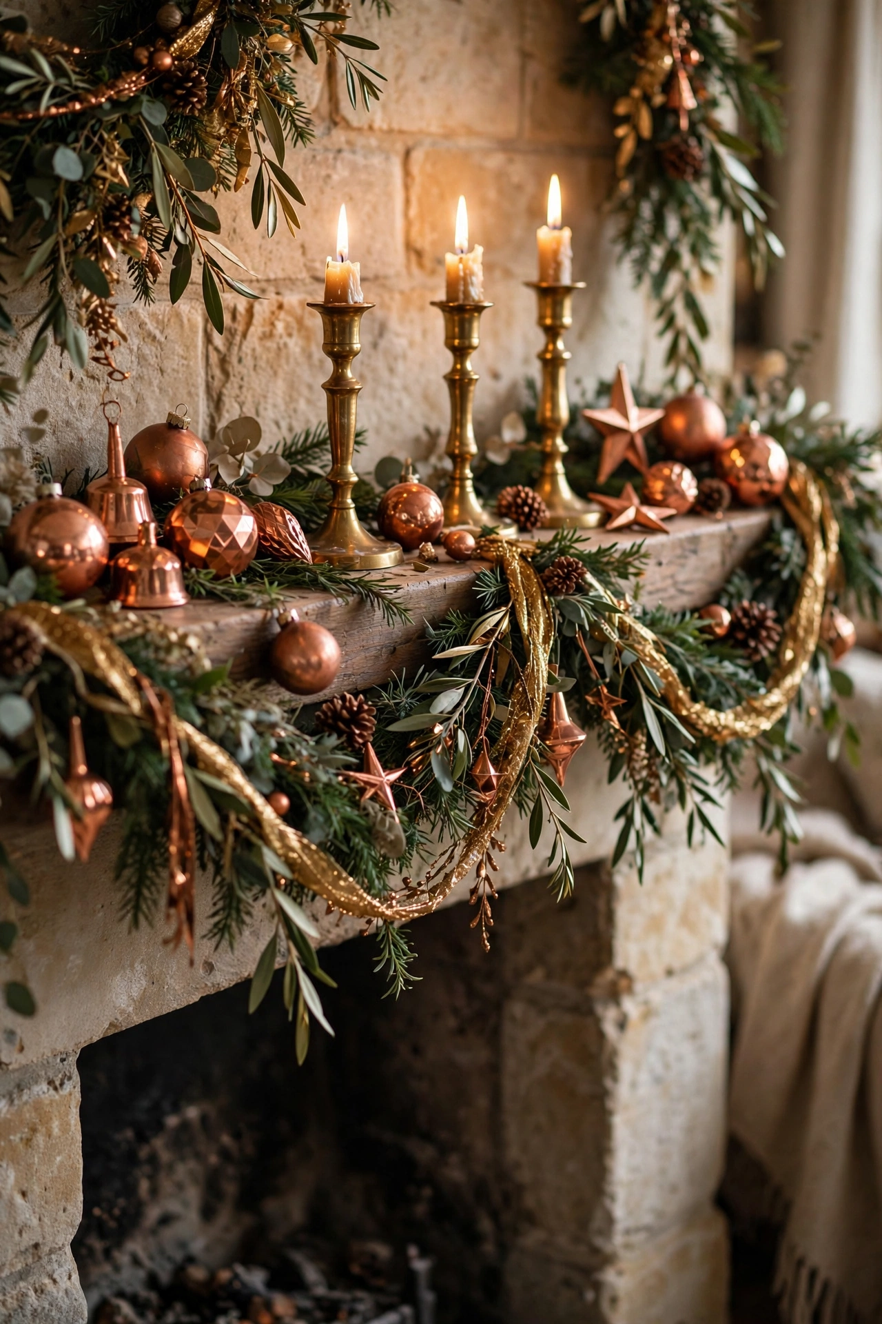 Christmas mantel styled with brass candlesticks, copper ornaments, and warm gold garland