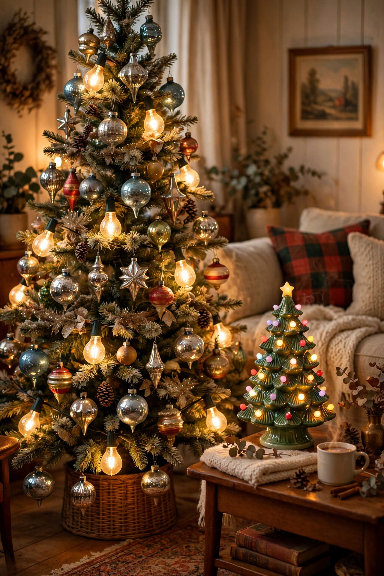 Vintage-style Christmas tree with mercury glass ornaments, big warm C7 lights, and nostalgic decor