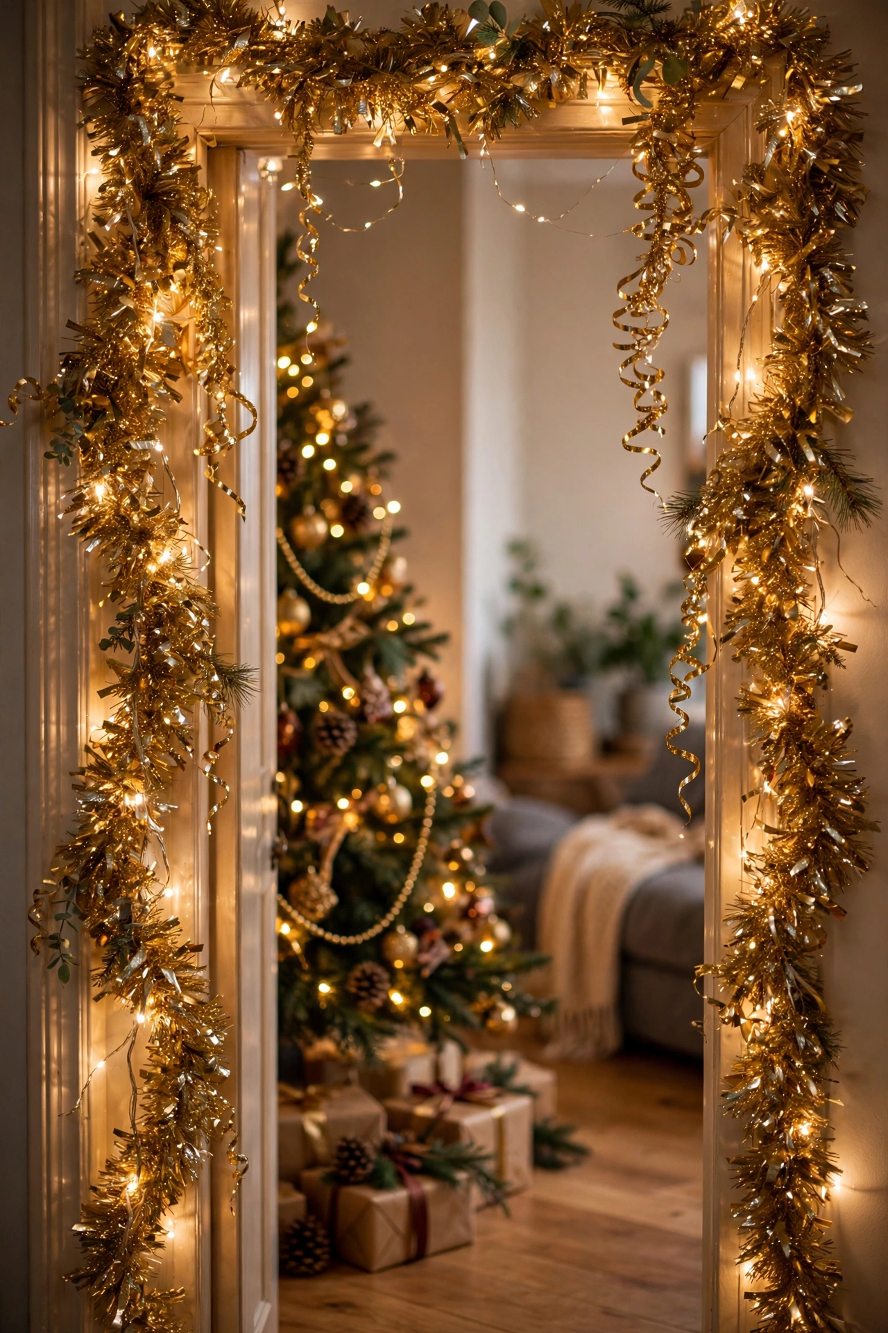 Christmas doorway wrapped in shimmering gold tinsel garland with warm lights