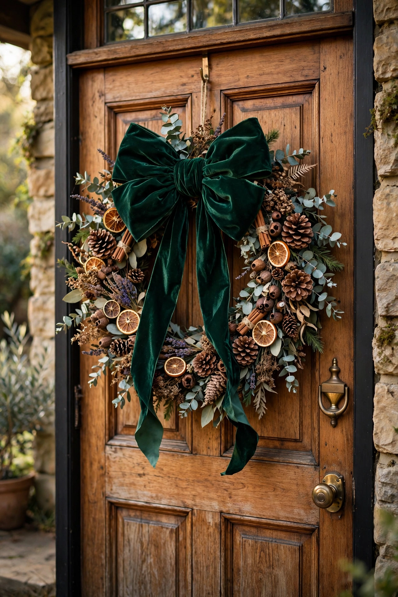 Natural botanical Christmas wreath with dried eucalyptus, pinecones, and oversized emerald velvet bow