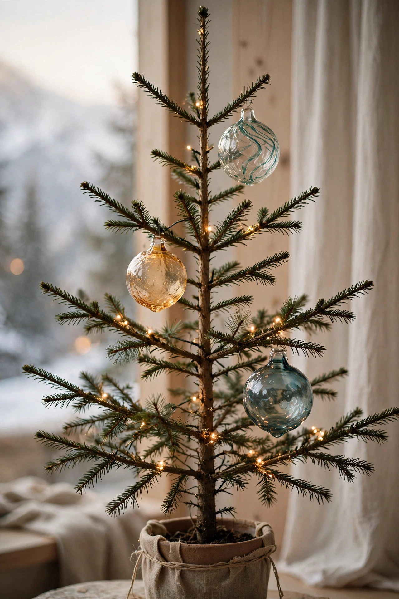 Sparse Alpine-style Christmas tree with spaced branches and large artisan glass ornaments