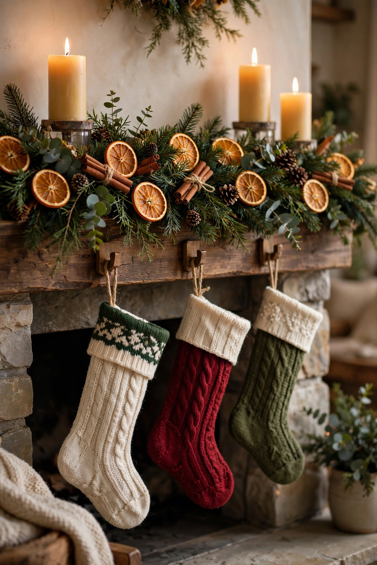 Garland of dried orange slices, cinnamon sticks, and greenery draped on a Christmas mantel