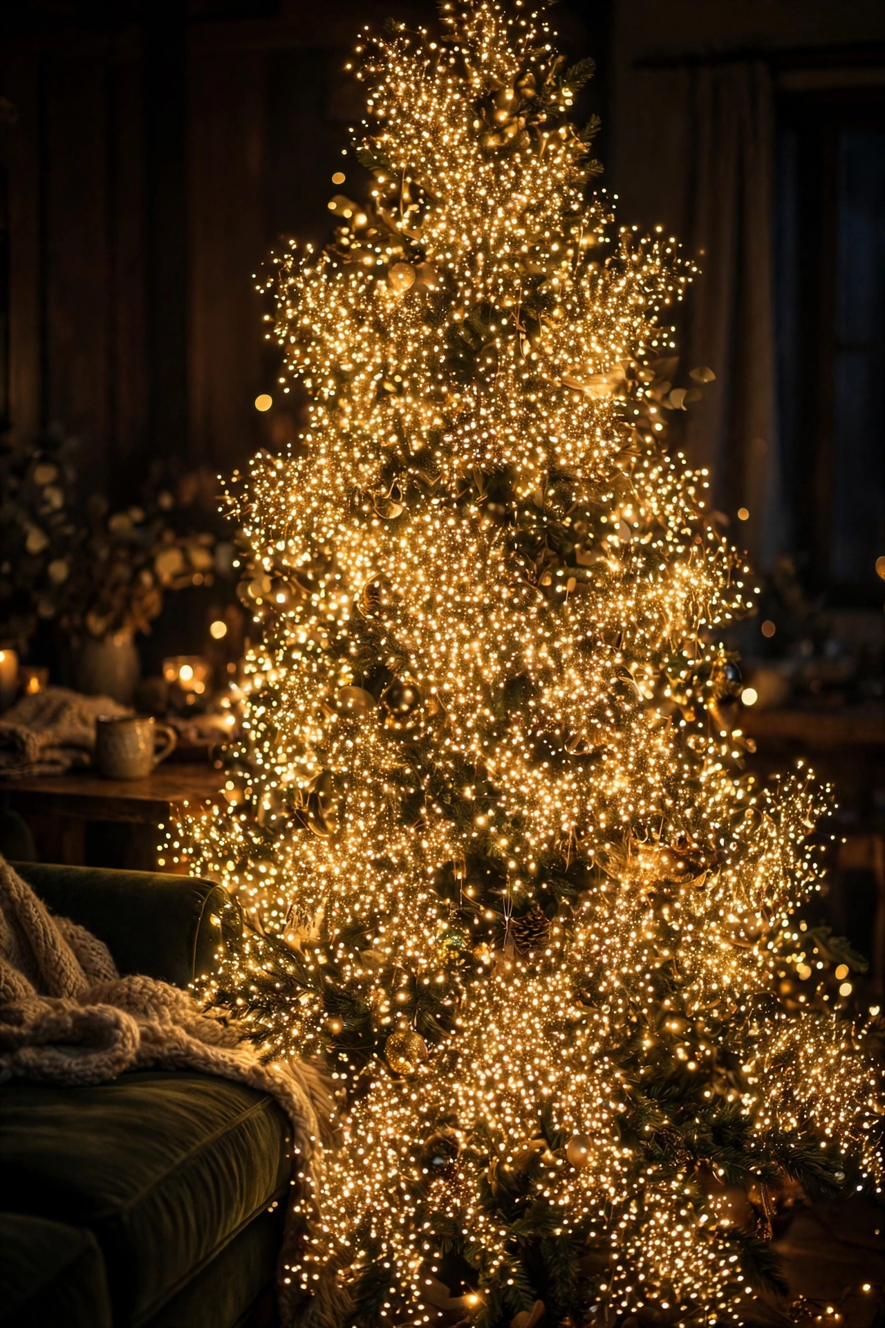 Christmas tree glowing with dense warm micro-LED cluster lights creating a magical golden glow