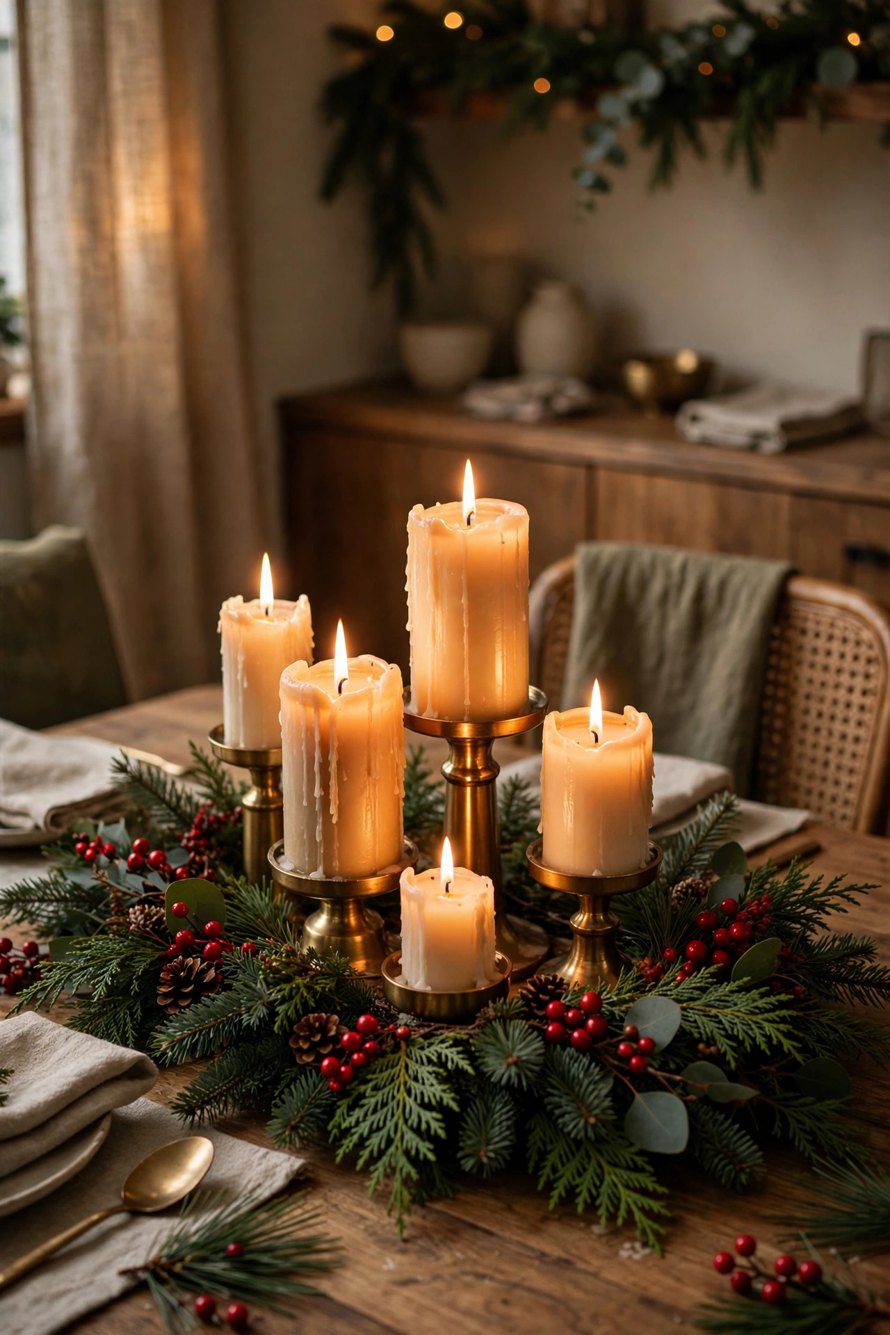 Glowing cluster of pillar candles in brass and gold holders with fresh evergreen sprigs and red berries on a Christmas dining table