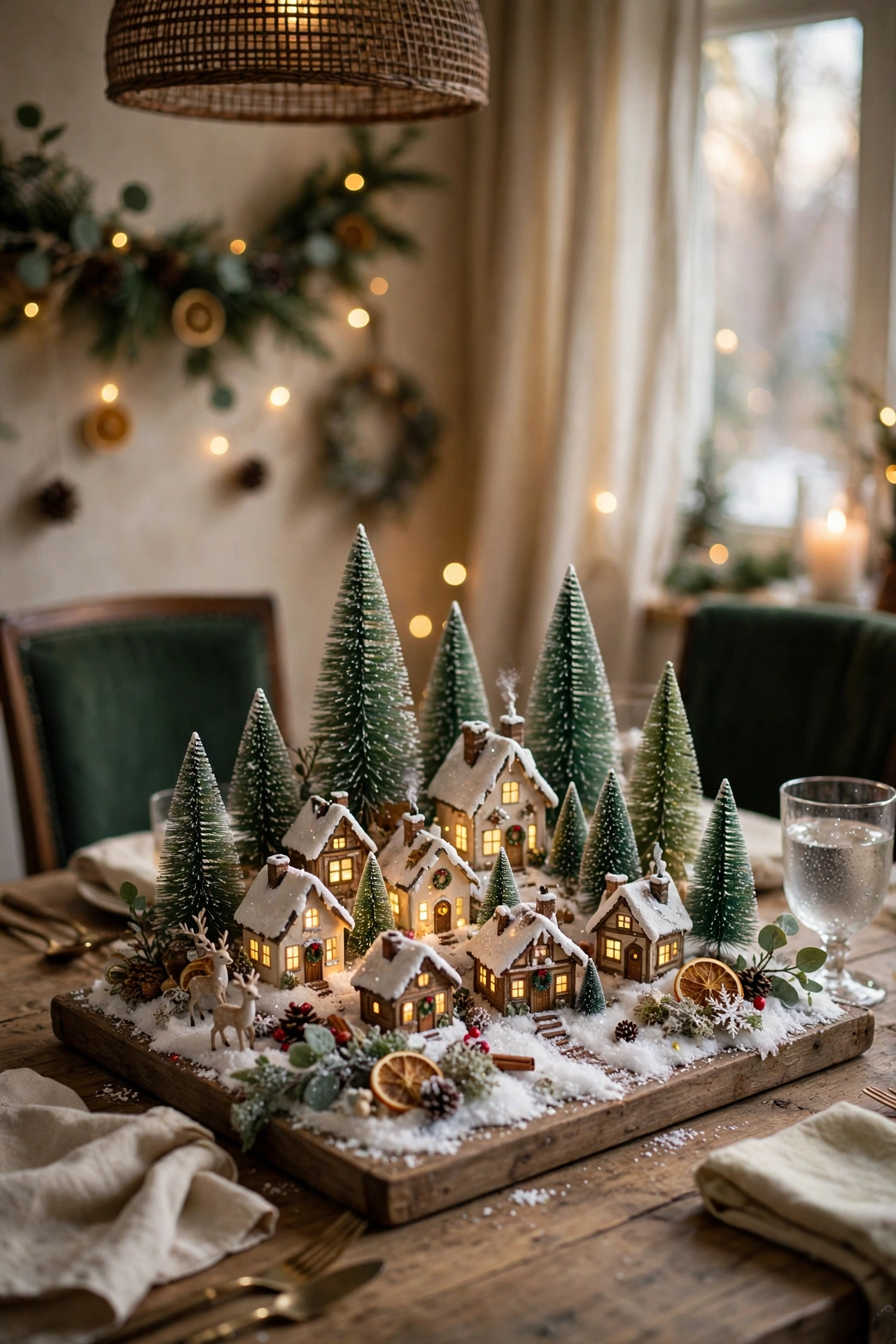 Whimsical miniature snowy Christmas village scene with tiny glowing houses and bottle-brush trees as a table centerpiece