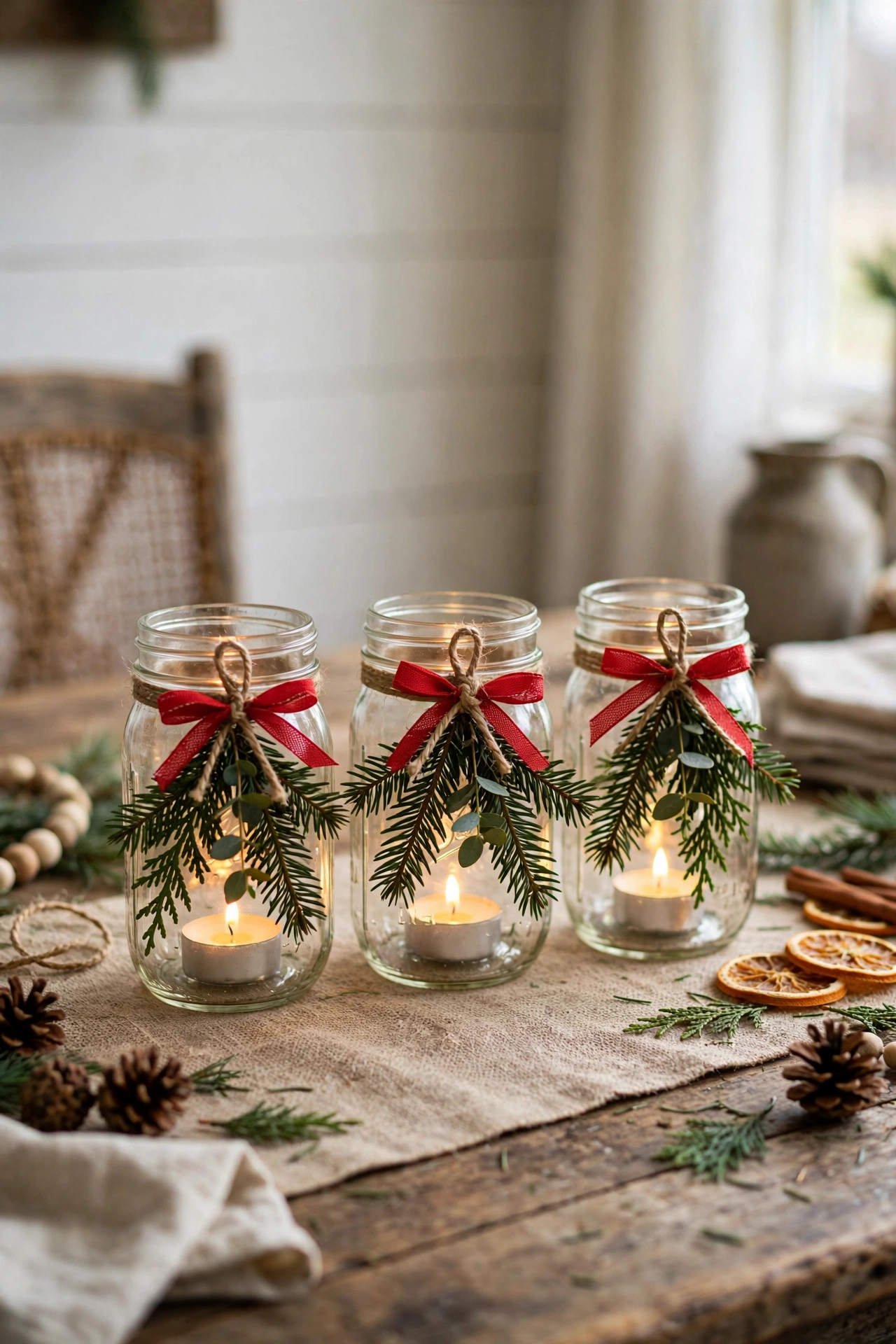 Budget DIY Christmas centerpiece with mason jars, tea lights and evergreen sprigs tied with twine and red ribbon