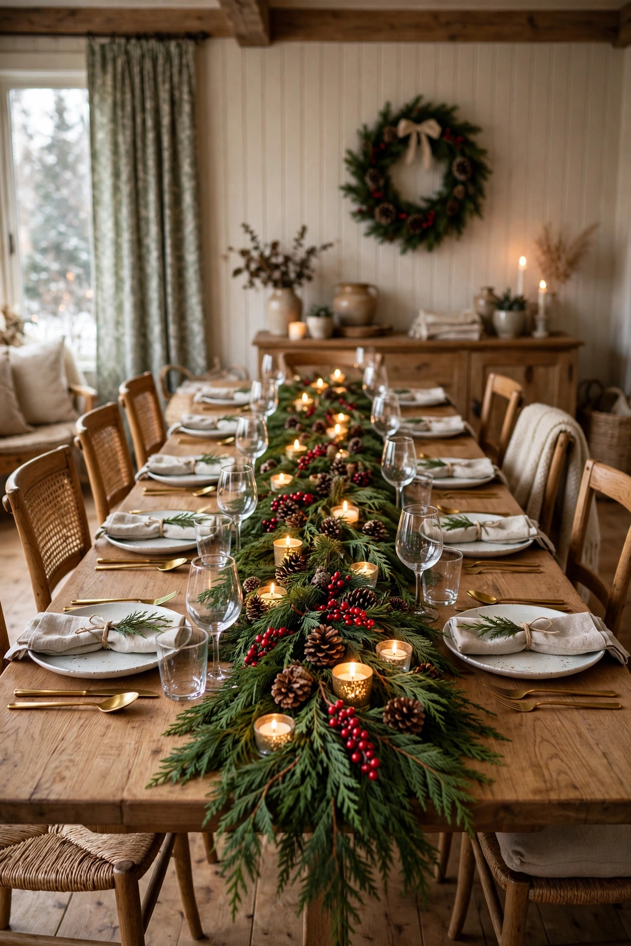Long dining table with a lush cedar garland runner, red berries, pinecones and small lit candles