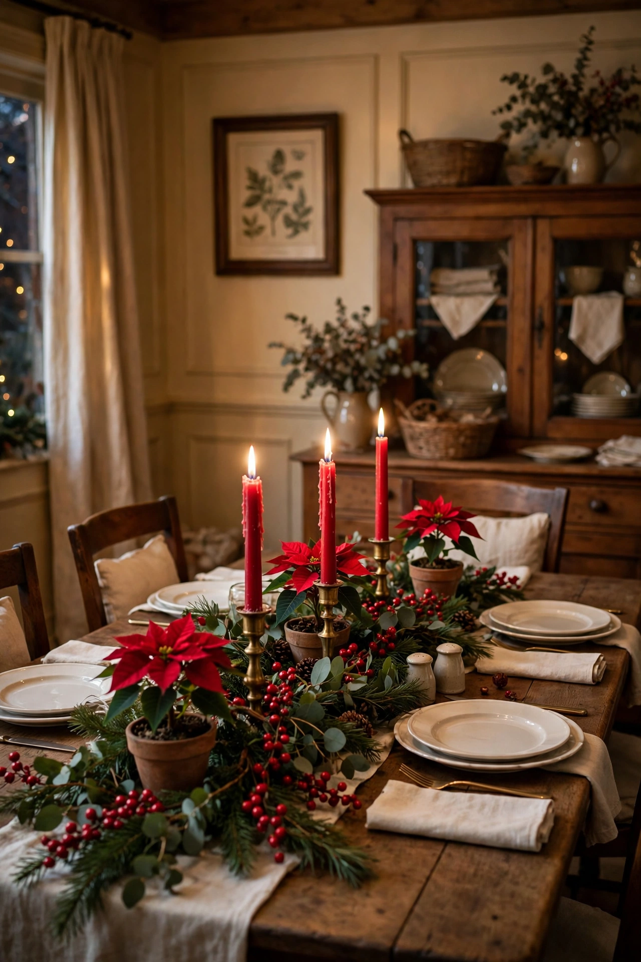 Classic red and green Christmas centerpiece with red taper candles, red berries, green garland and small poinsettias