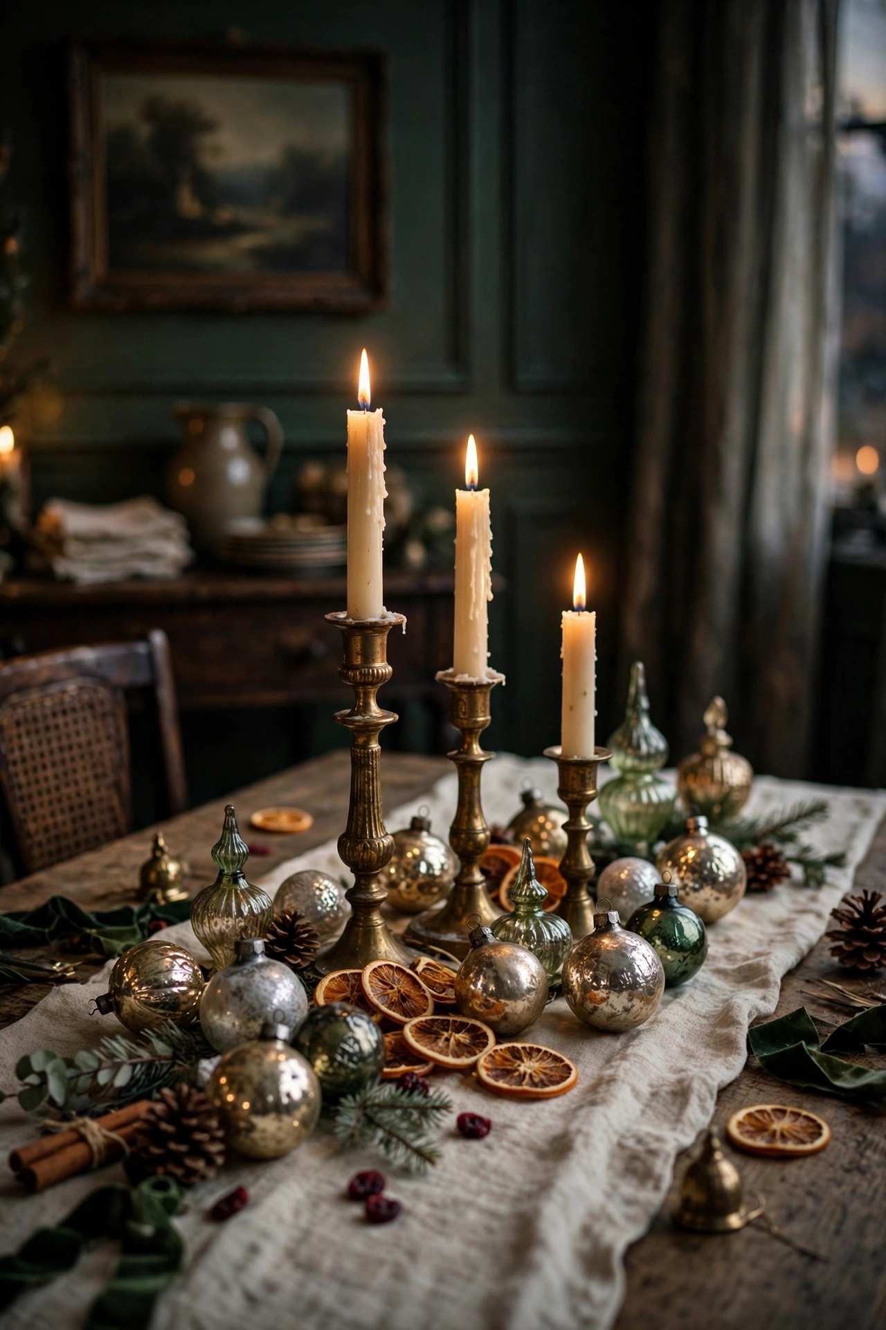 Vintage brass candlesticks with lit ivory taper candles, vintage glass ornaments and dried oranges on a linen table runner