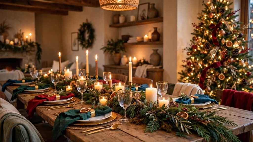 Stunning Christmas dining table tablescape with candlelit garland centerpiece and elegant place settings