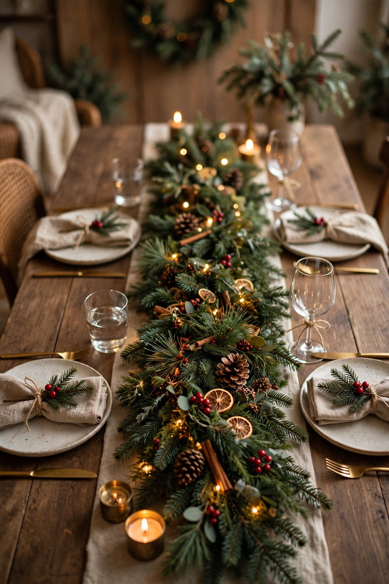 Christmas dining table with lush evergreen garland runner down the center, pinecones and warm fairy lights