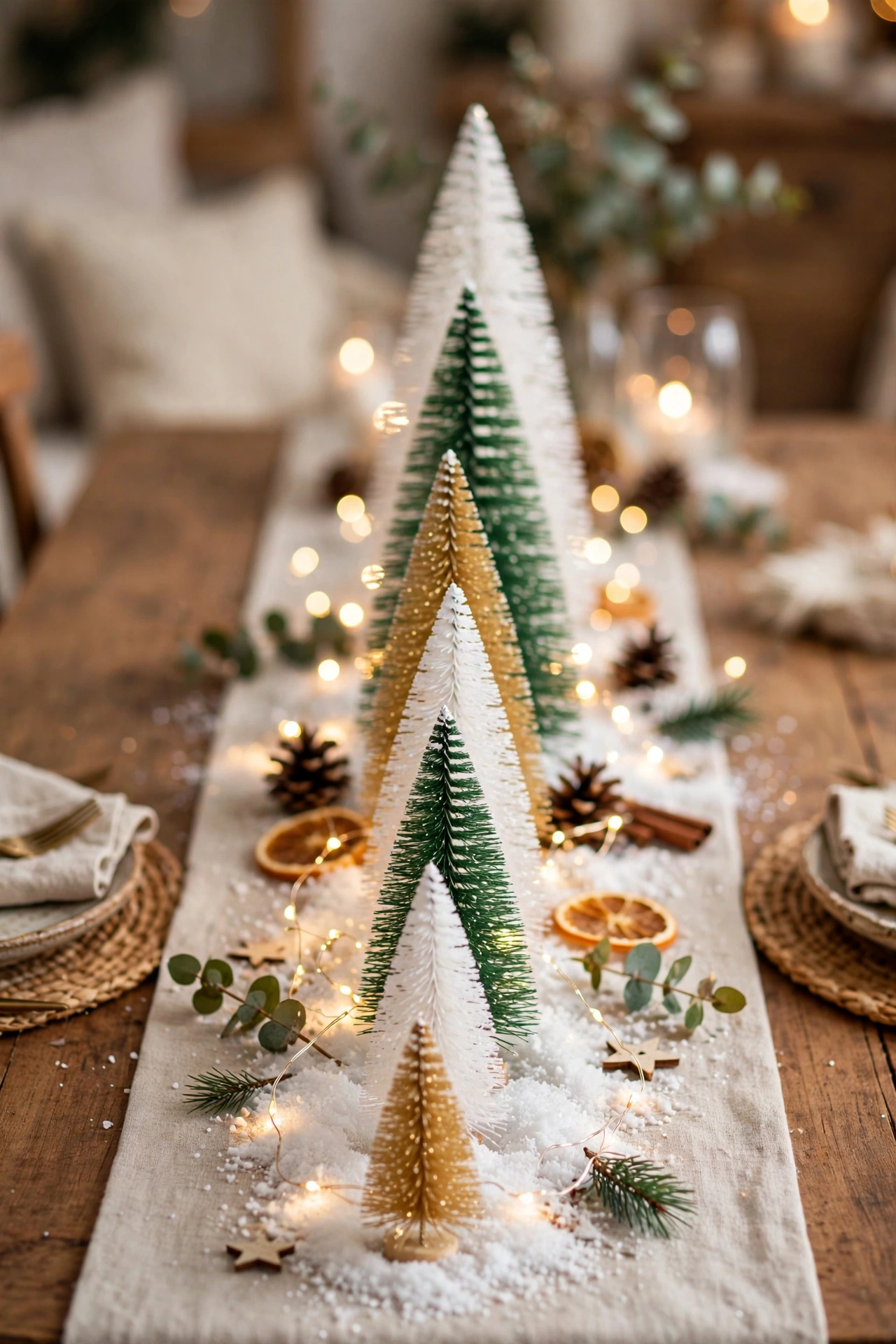 Christmas table centerpiece of small bottle-brush trees in different heights with faux snow