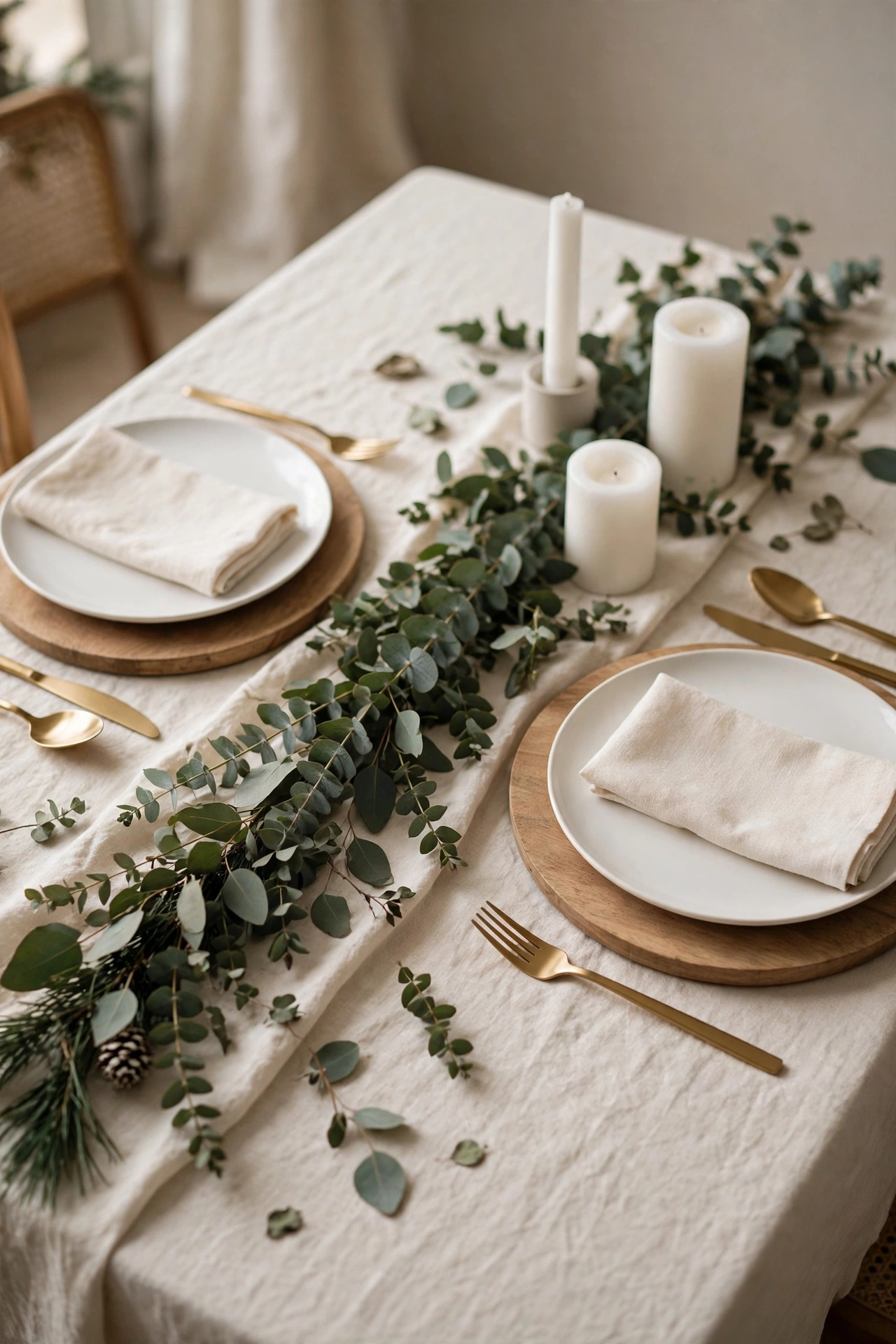 Neutral luxe Christmas dining table with cream linens, wood chargers, and simple greenery