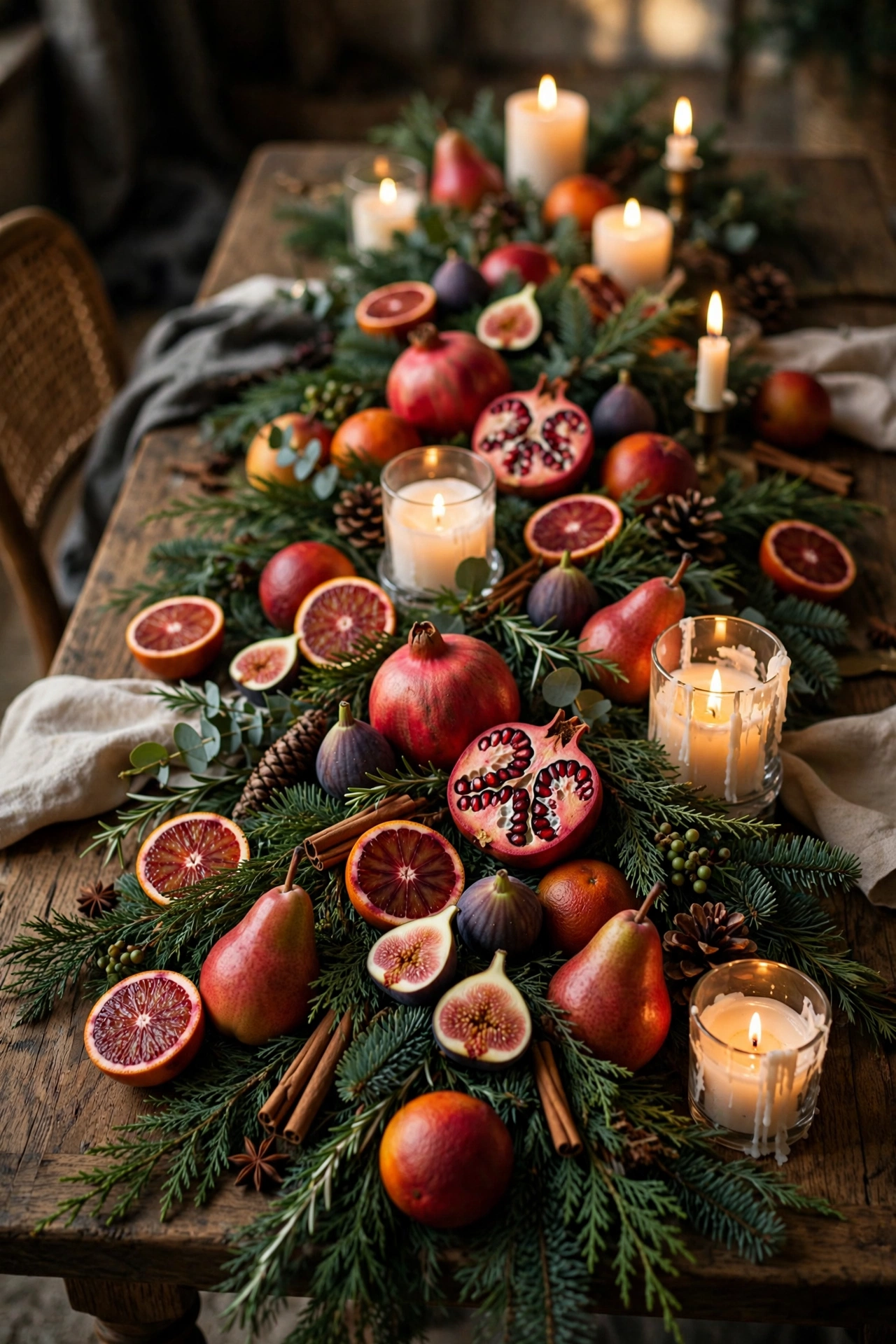 Christmas tablescape with pomegranates, blood oranges, and figs tucked into an evergreen garland