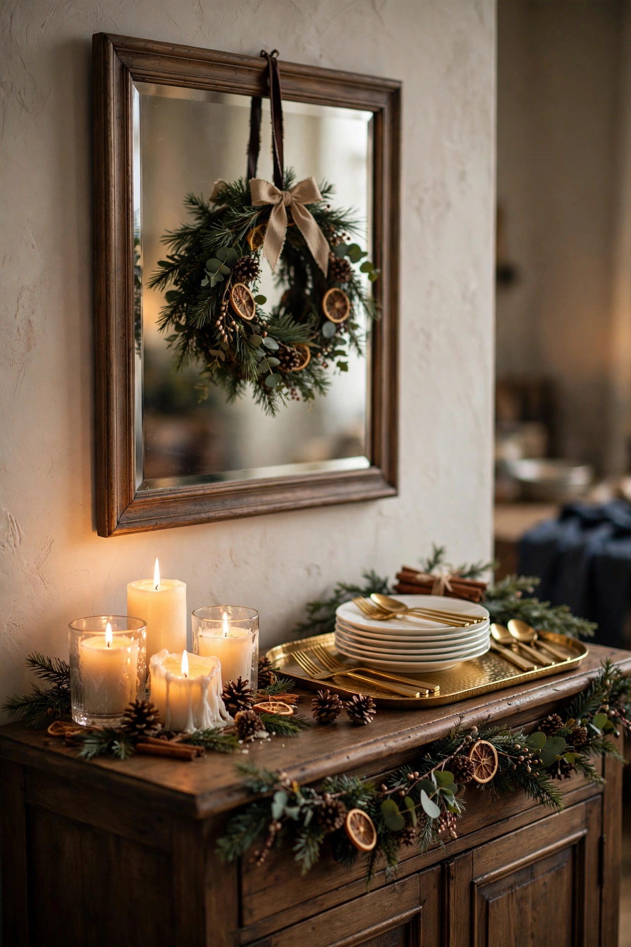 Christmas dining room sideboard styled with candles, small wreath, and stacked dessert plates