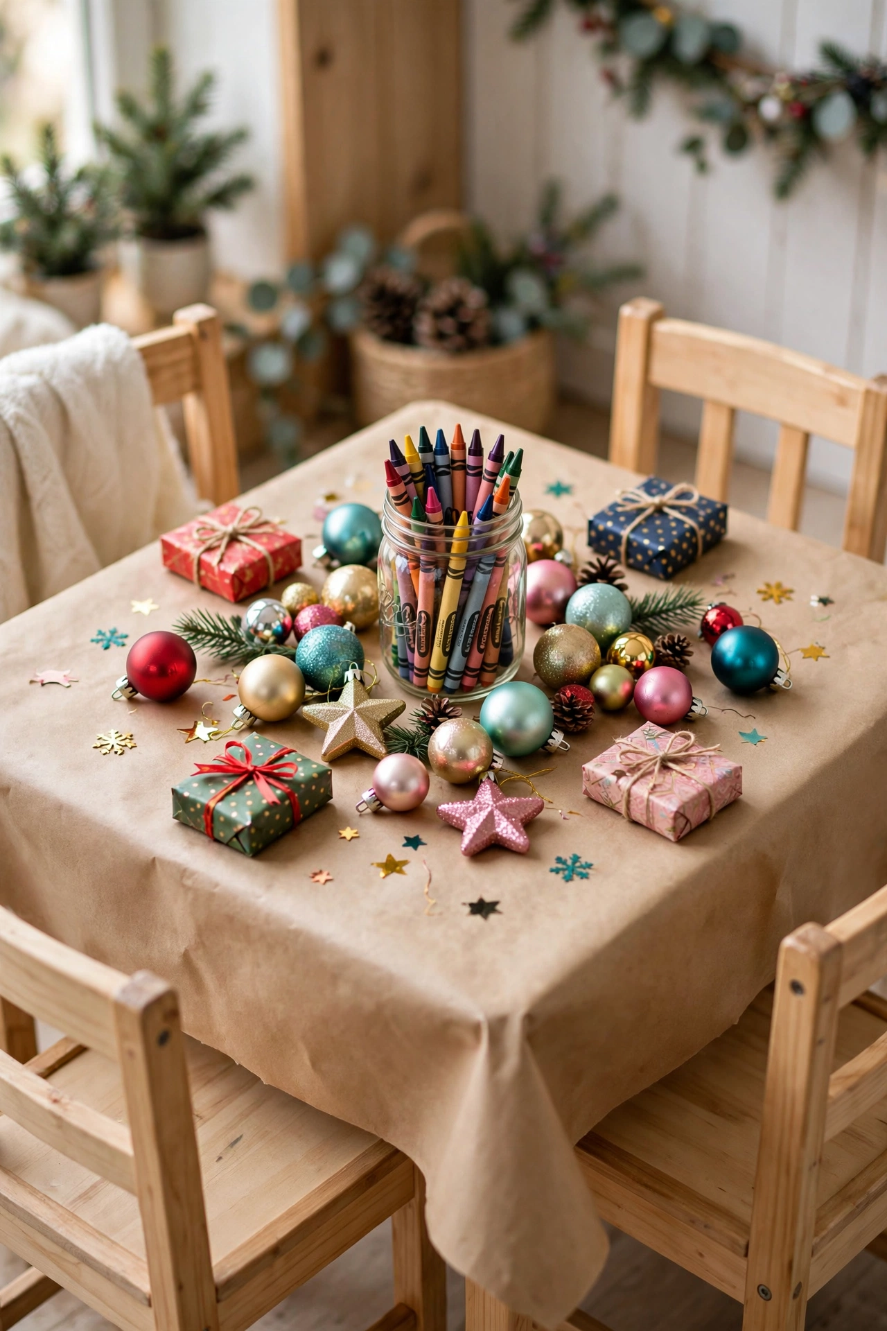 Festive kids Christmas table with kraft paper tablecloth, crayons, and small treats at each seat