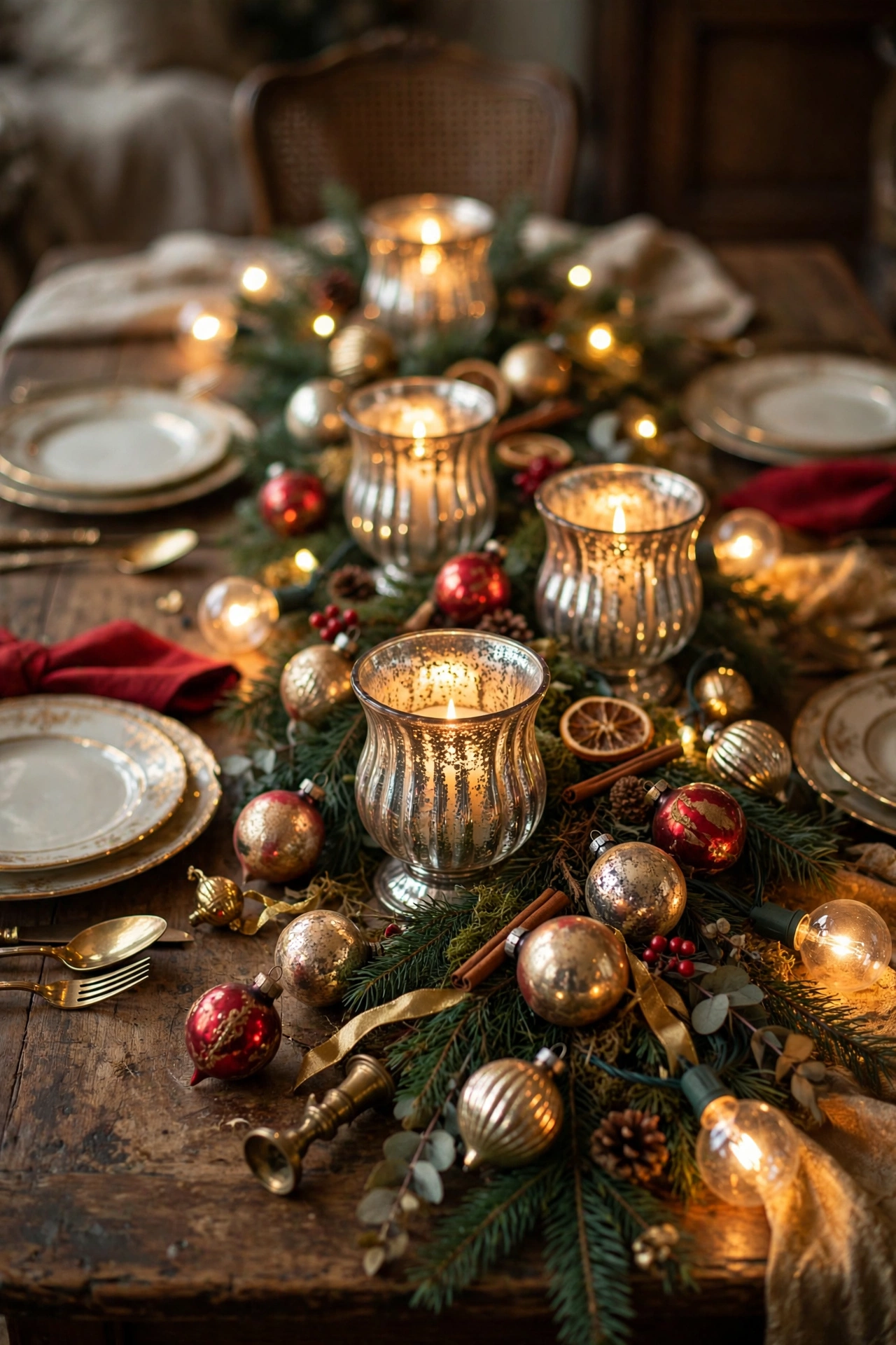 Vintage-style Christmas dining table with mercury glass candle holders and nostalgic ornaments