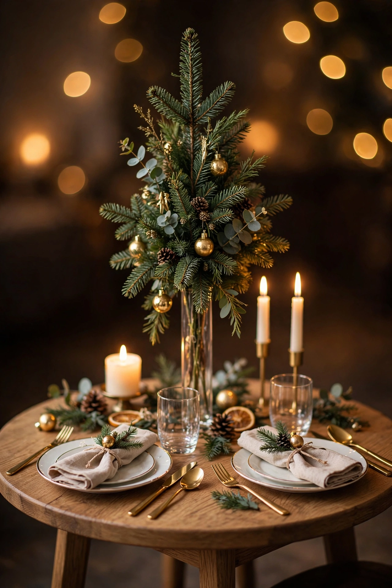 Small round dining table styled for Christmas with a tall narrow centerpiece and glowing candles