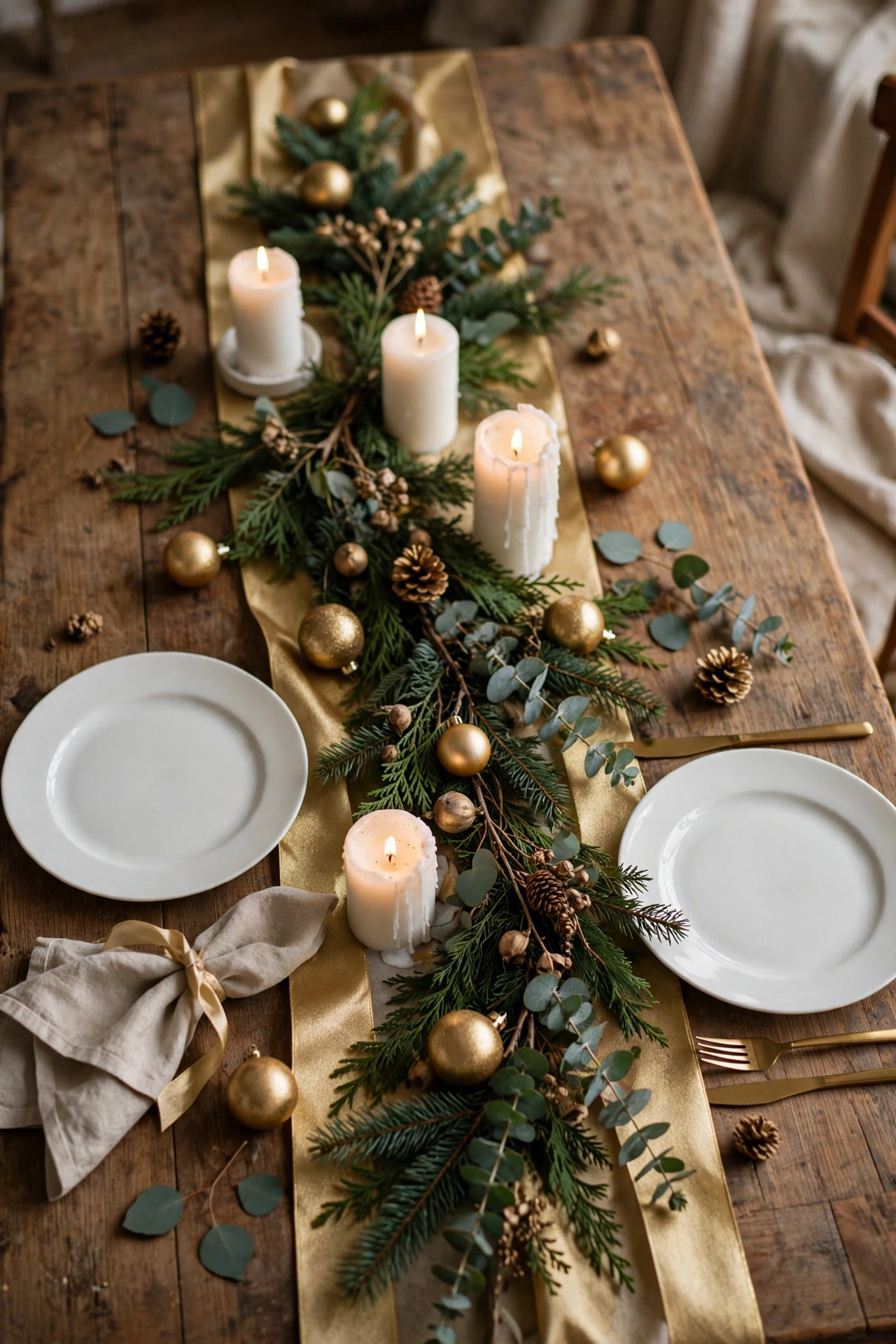 Budget Christmas dining table with gold spray-painted ornaments, foraged greenery, and white candles