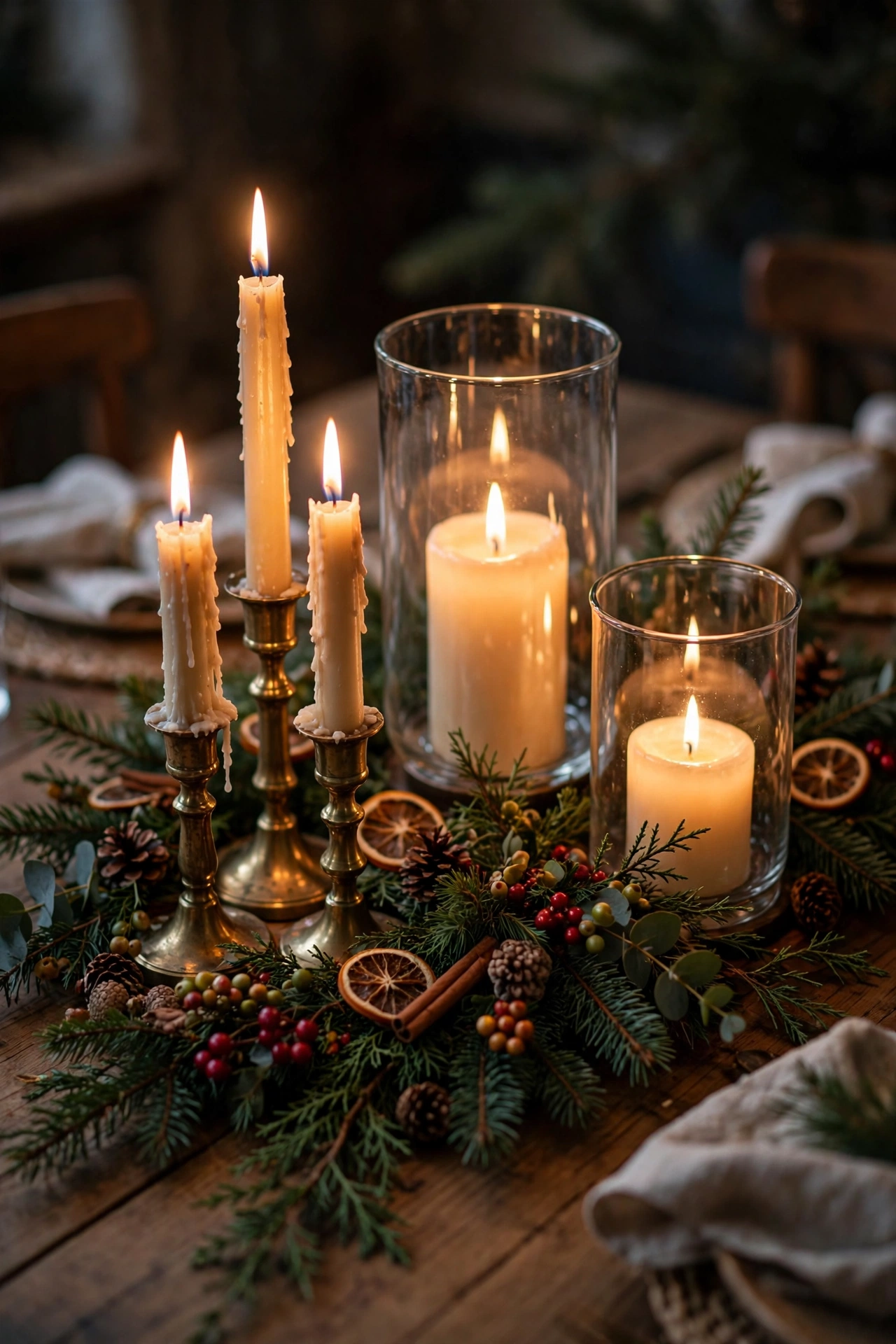Christmas tablescape with clusters of candles at different heights, brass candlesticks glowing warmly