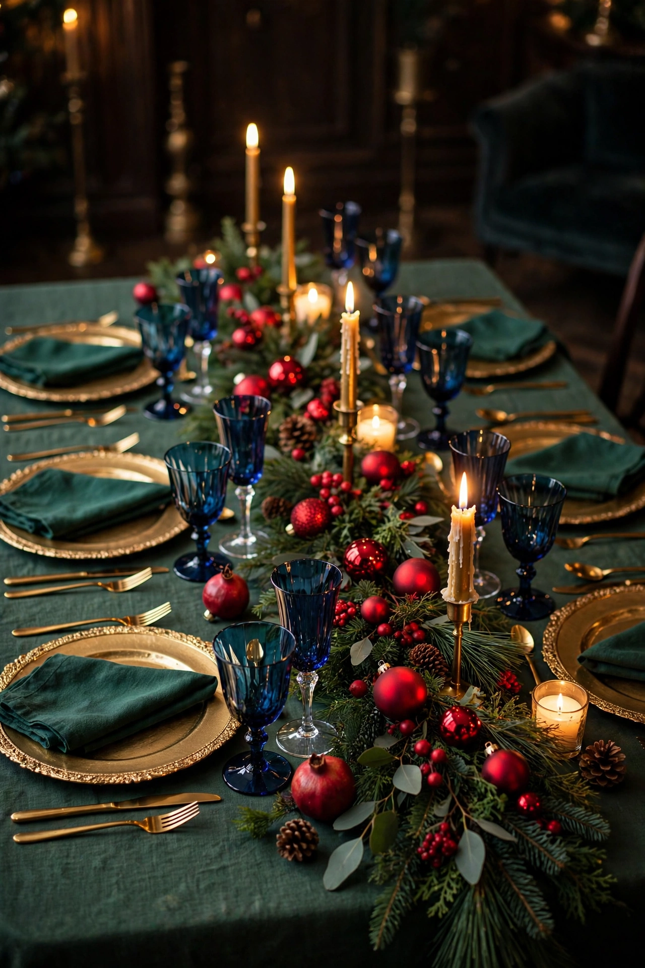 Luxurious Christmas dining table in jewel tones — emerald napkins, gold chargers, ruby ornaments