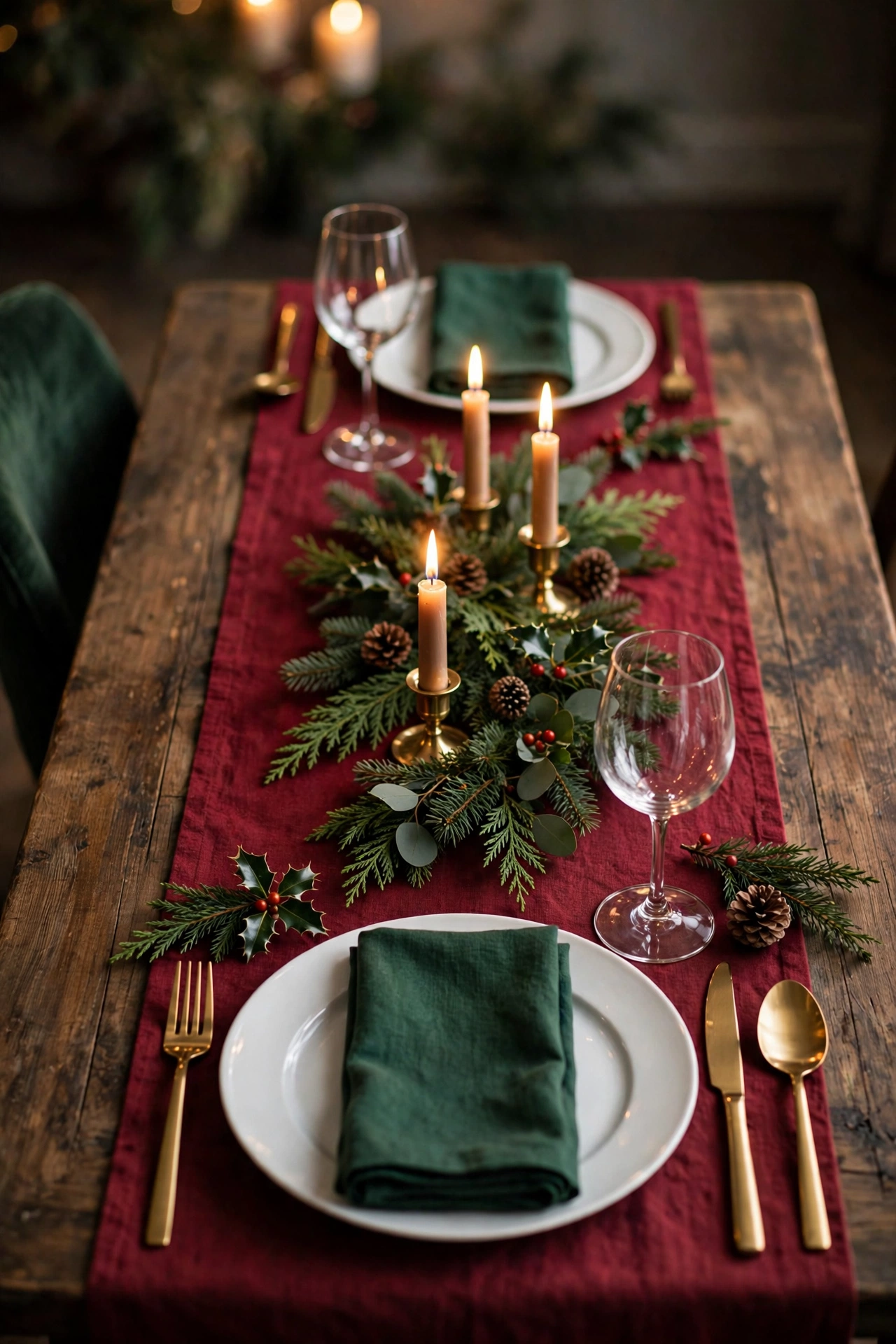 Classic red and green Christmas dining table with forest napkins, burgundy accents, white plates