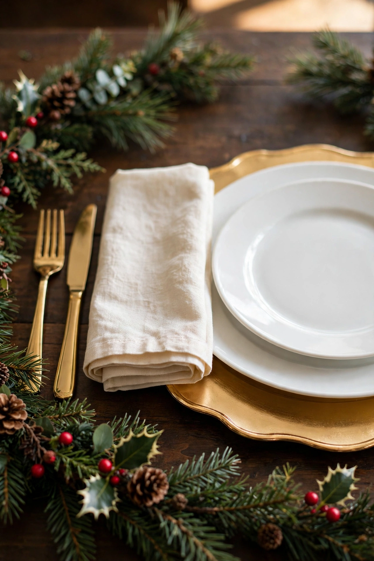 Layered Christmas place setting with gold charger, white plates, and folded linen napkin