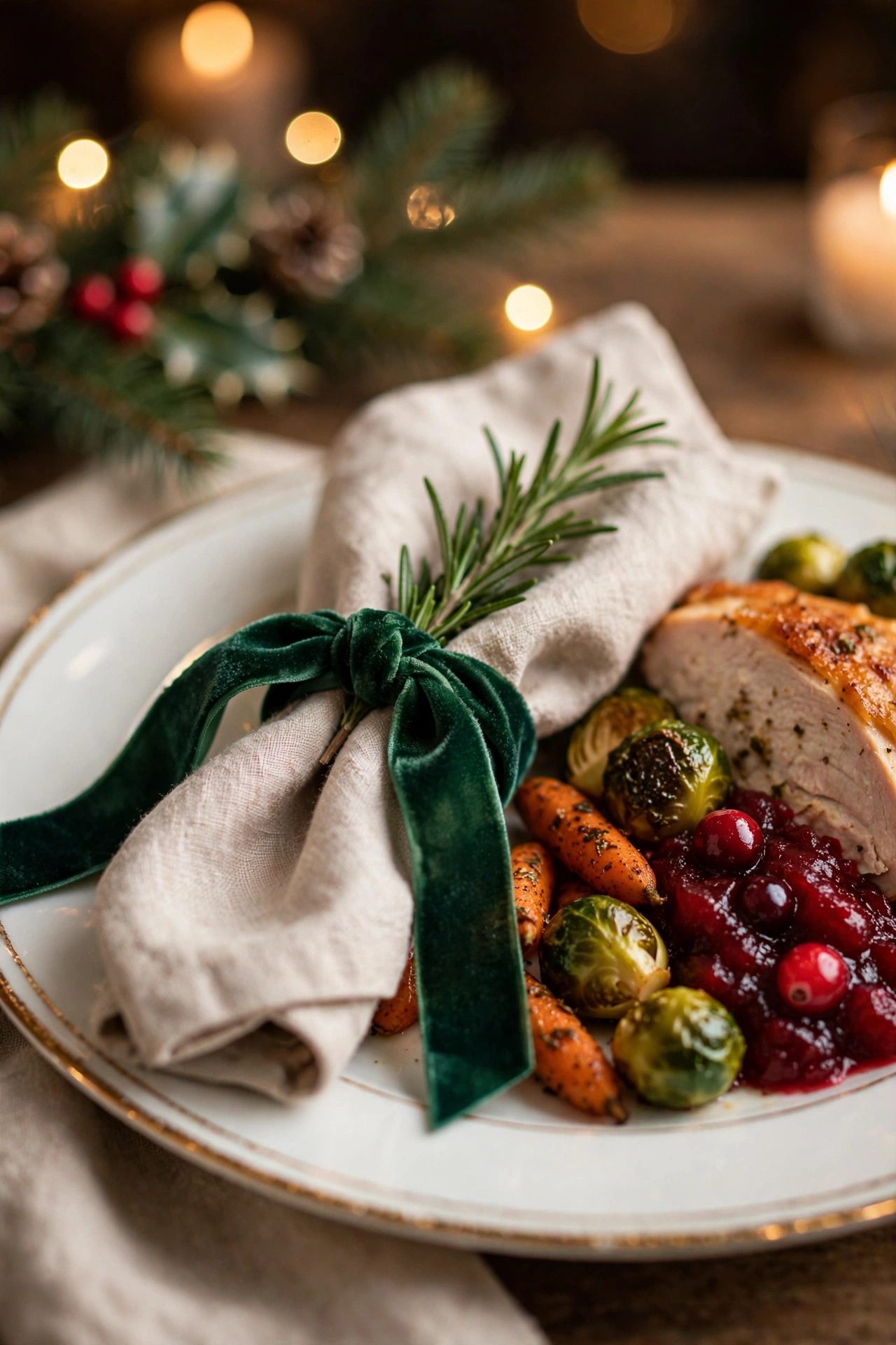 Christmas napkins tied with emerald velvet ribbon and fresh rosemary sprigs on a dinner plate