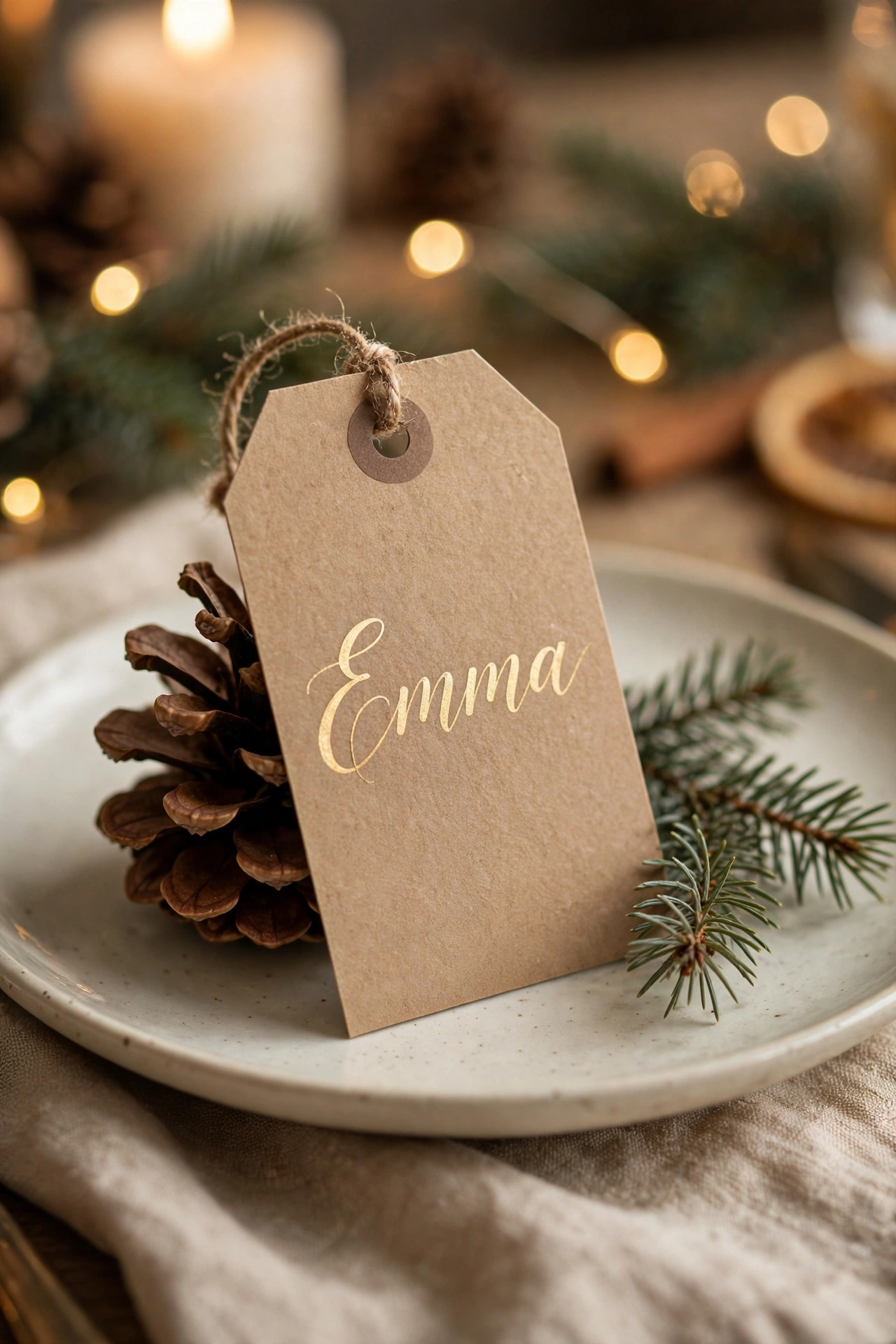 Handwritten Christmas place cards in gold ink leaning against pinecones at each table setting