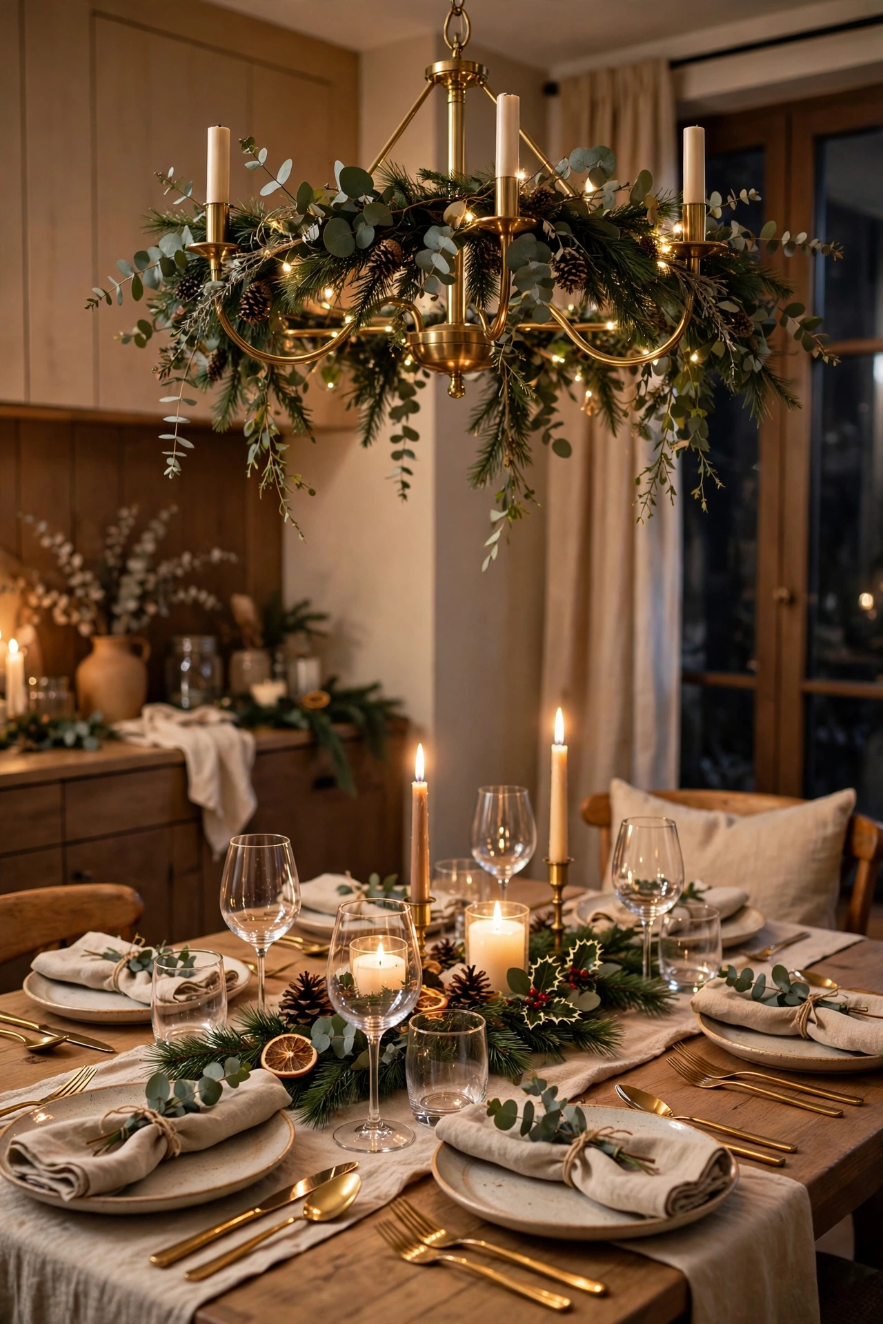 Christmas dining room with eucalyptus and pine garland draped over the chandelier above the table