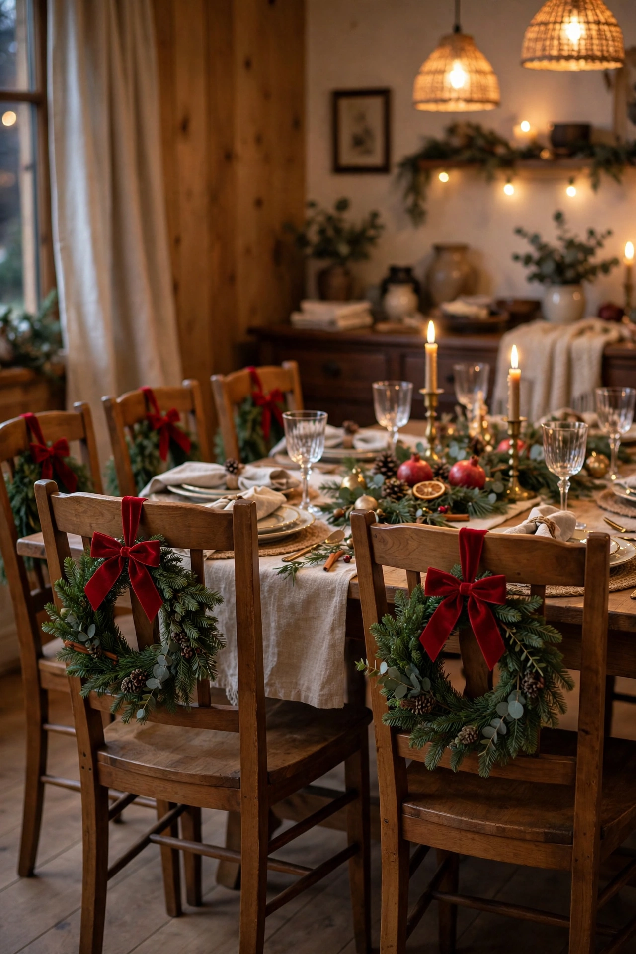 Dining chairs decorated with small green wreaths tied with red velvet bows for Christmas