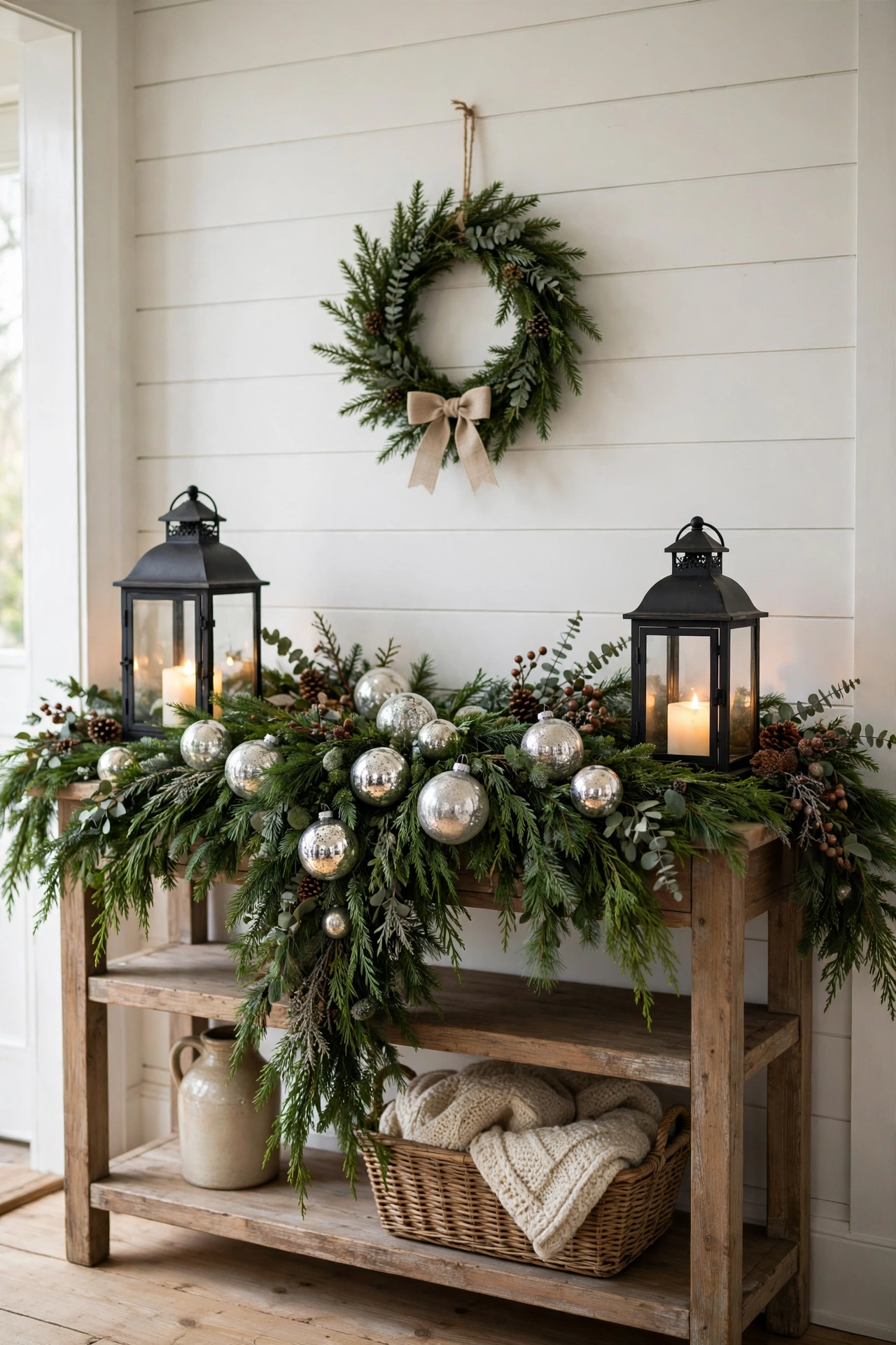 Christmas entryway console table with layered evergreen garland, lanterns and a wreath