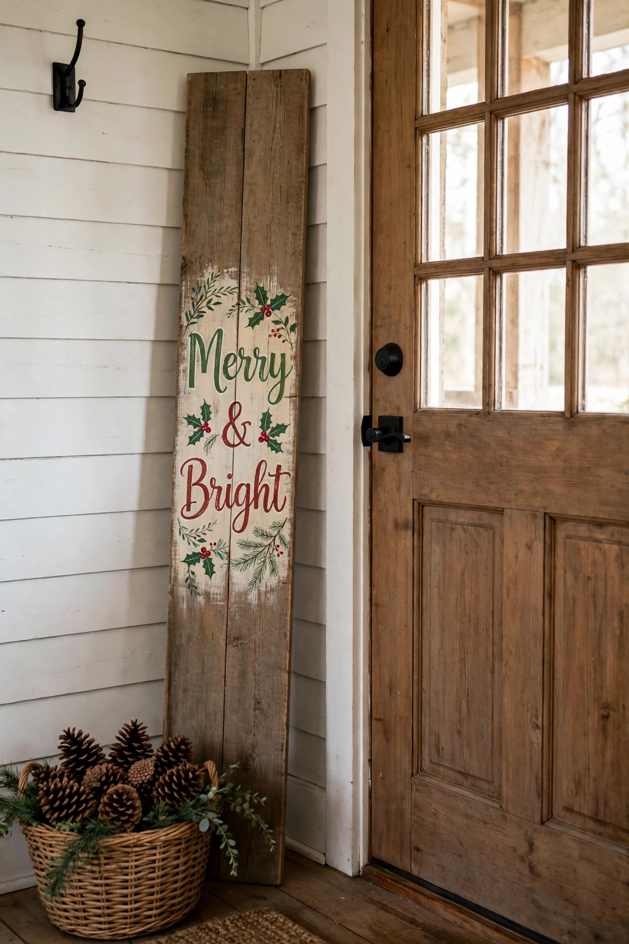 Tall vertical Christmas porch sign with festive lettering beside an entryway door