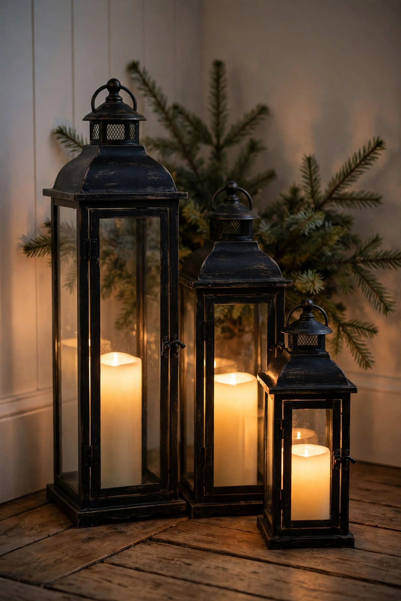 Cluster of black lanterns with flameless candles in a Christmas entryway