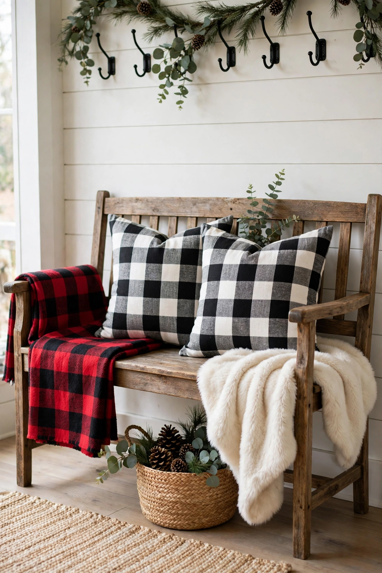 Entryway bench with plaid throw pillows and faux fur blanket for Christmas