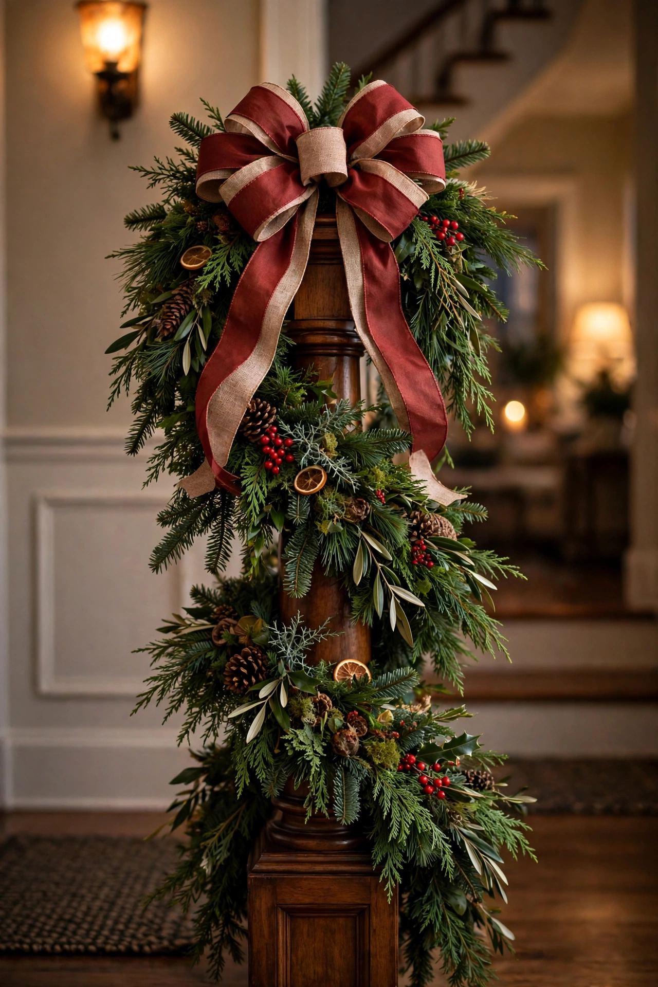 Staircase newel post wrapped in Christmas garland with ribbon