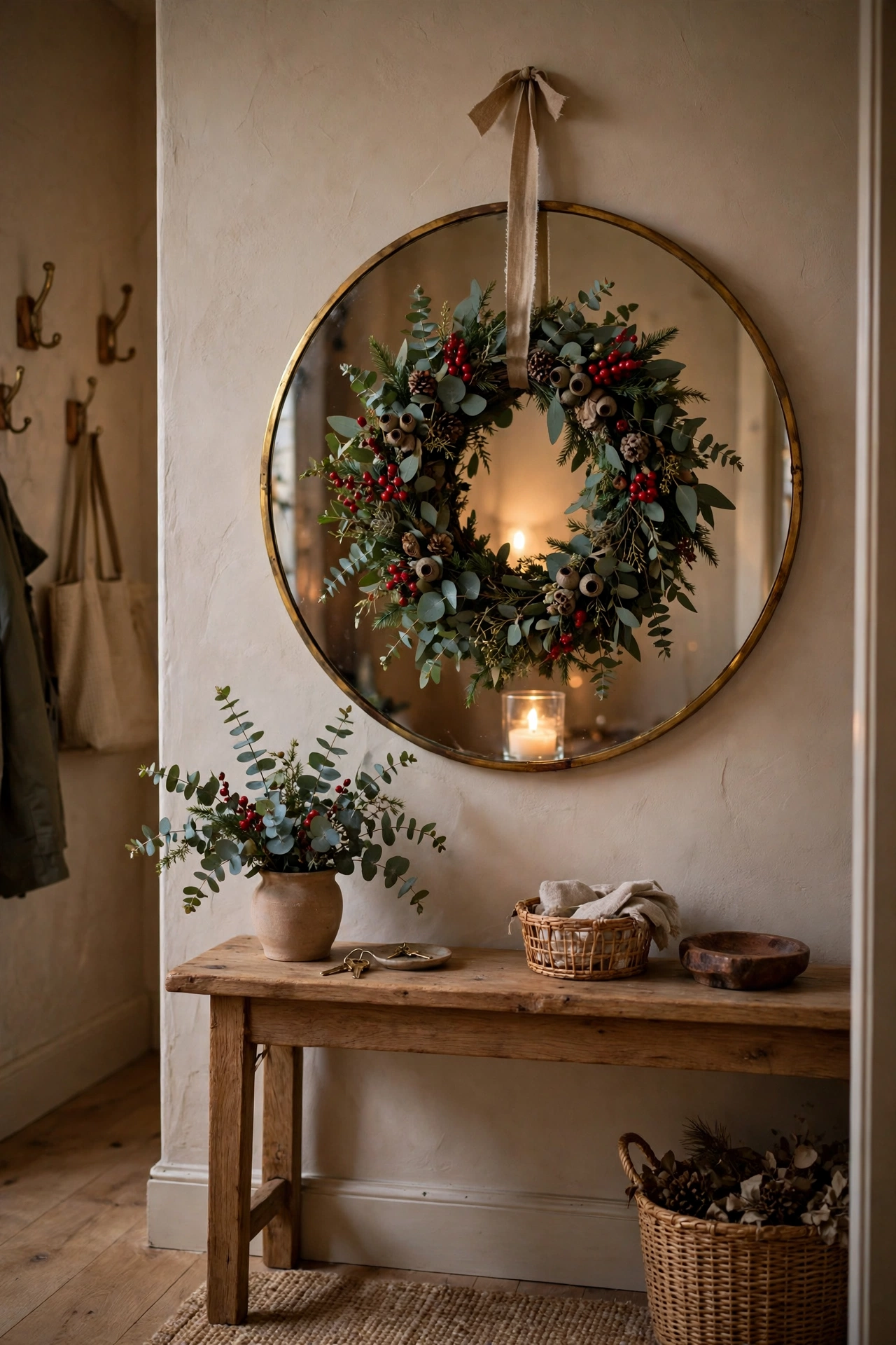 Entryway mirror with a Christmas wreath hanging in front