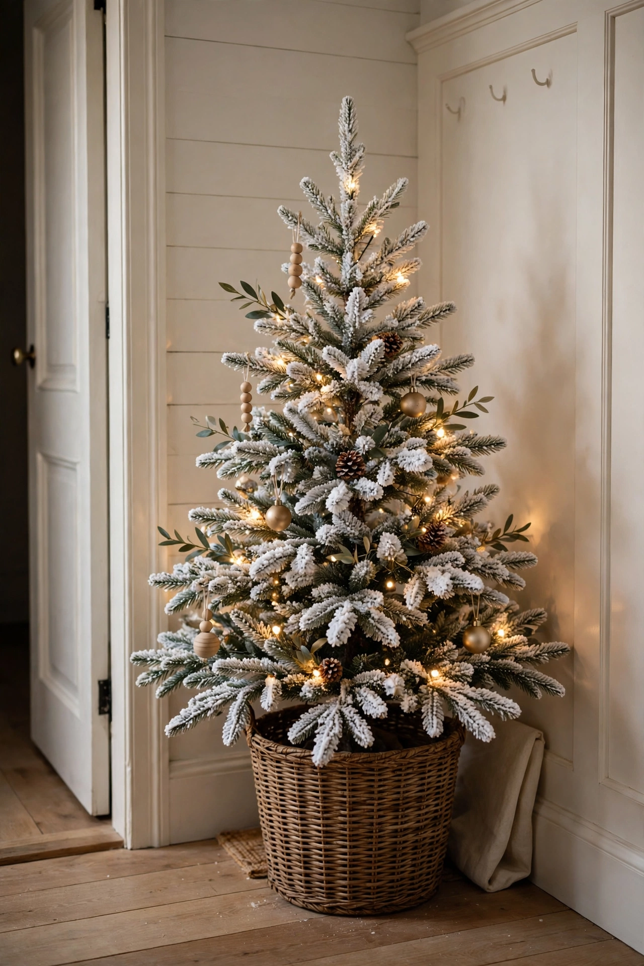 Mini flocked Christmas tree in the corner of an entryway