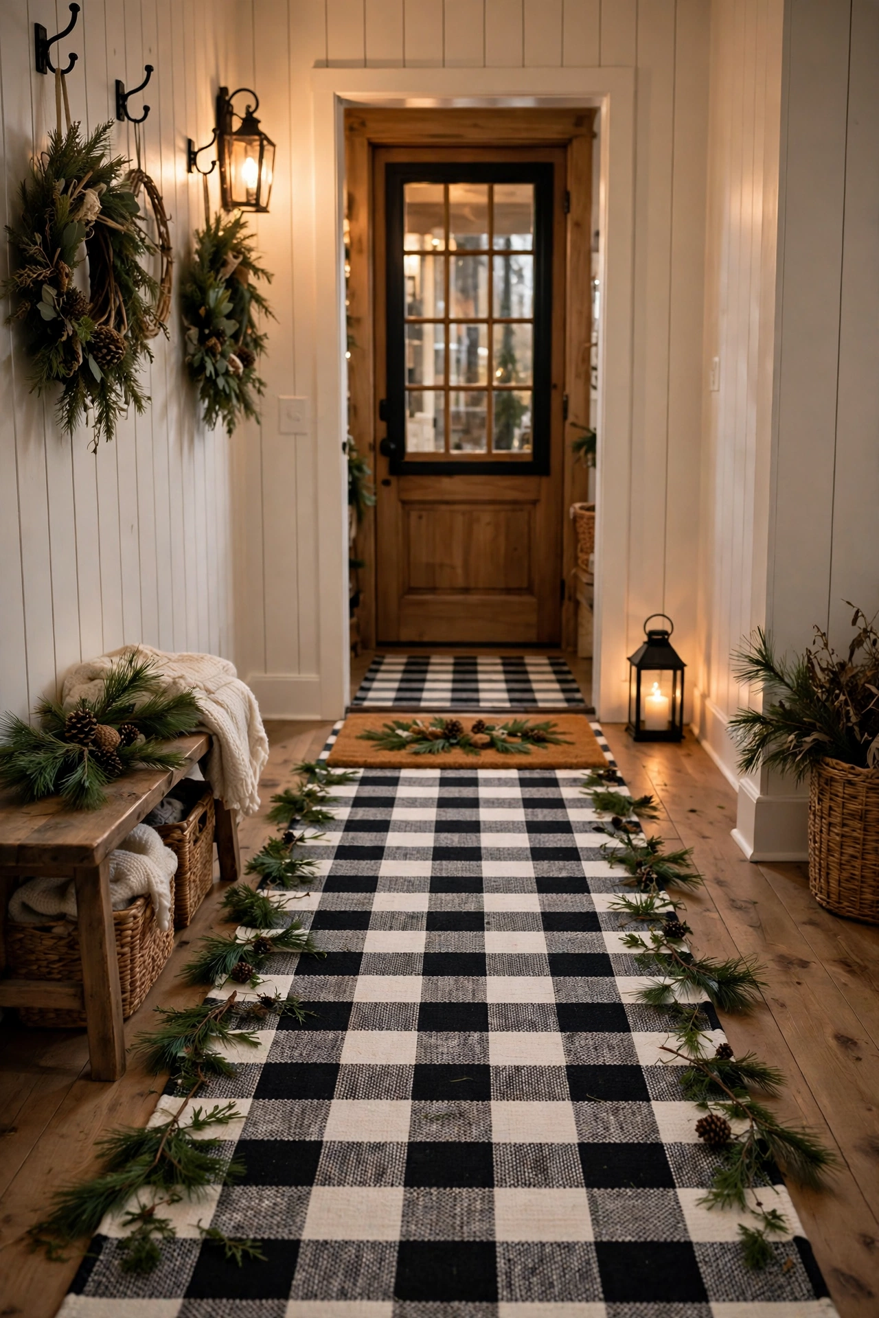 Entryway with buffalo check runner and pine sprigs for Christmas