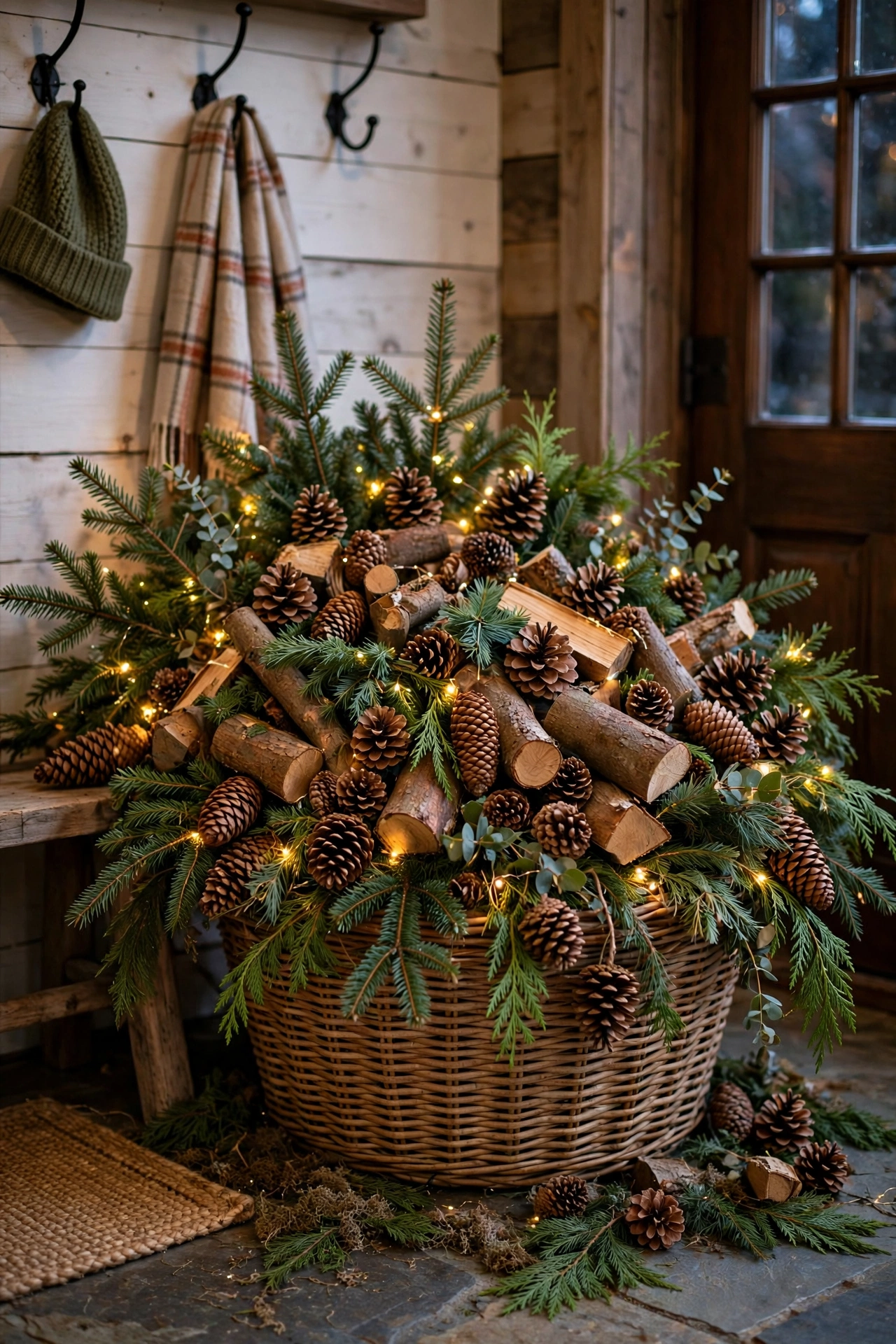 Wicker basket filled with pinecones and evergreen branches in an entryway