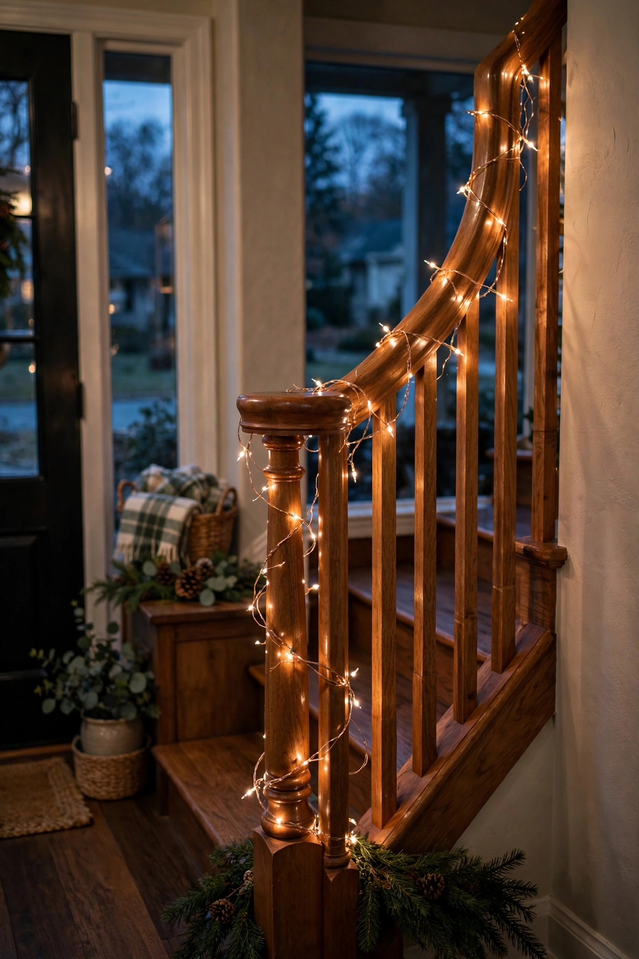 Banister wrapped in warm white Christmas string lights