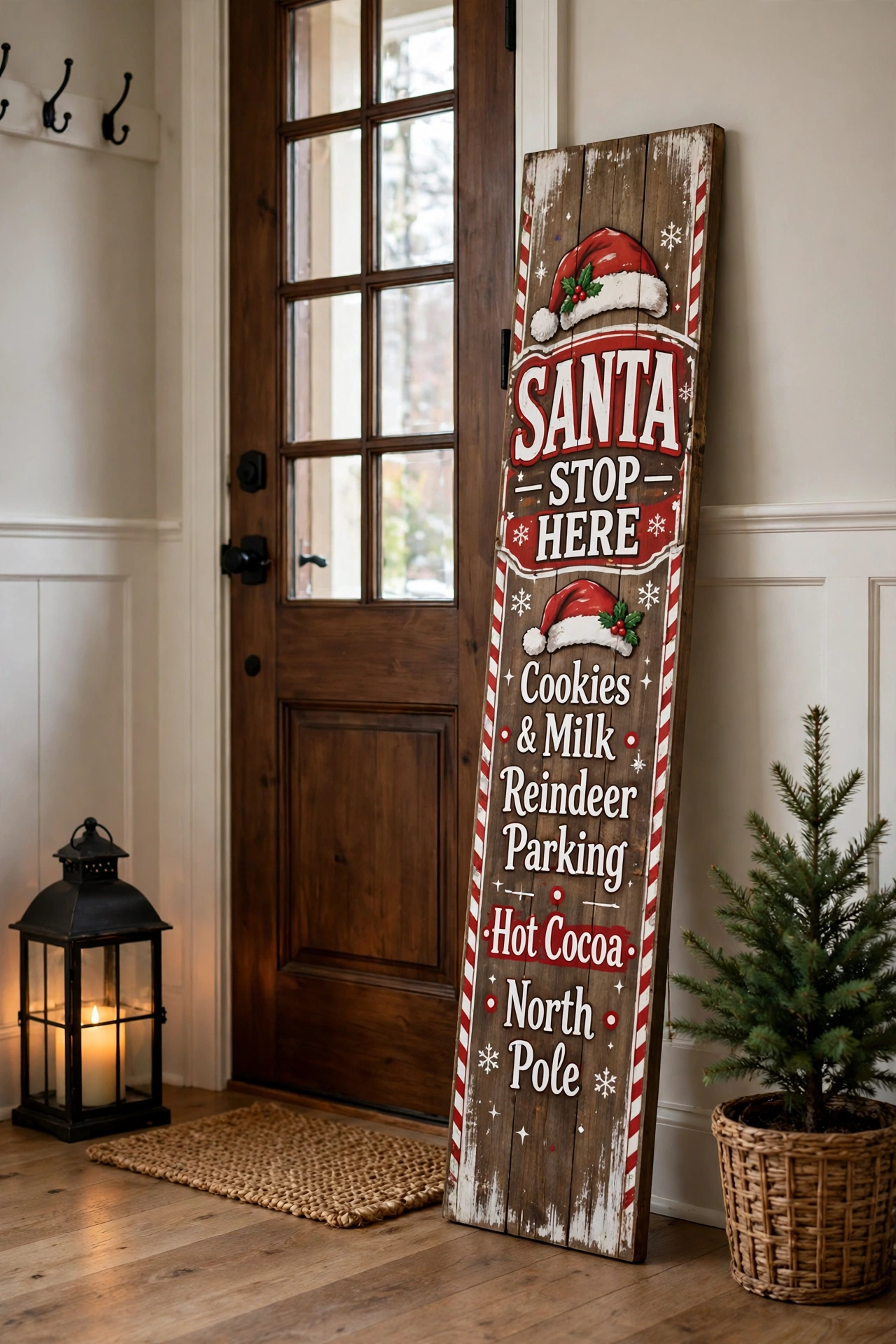 Santa porch sign leaning by the front door inside a Christmas entryway