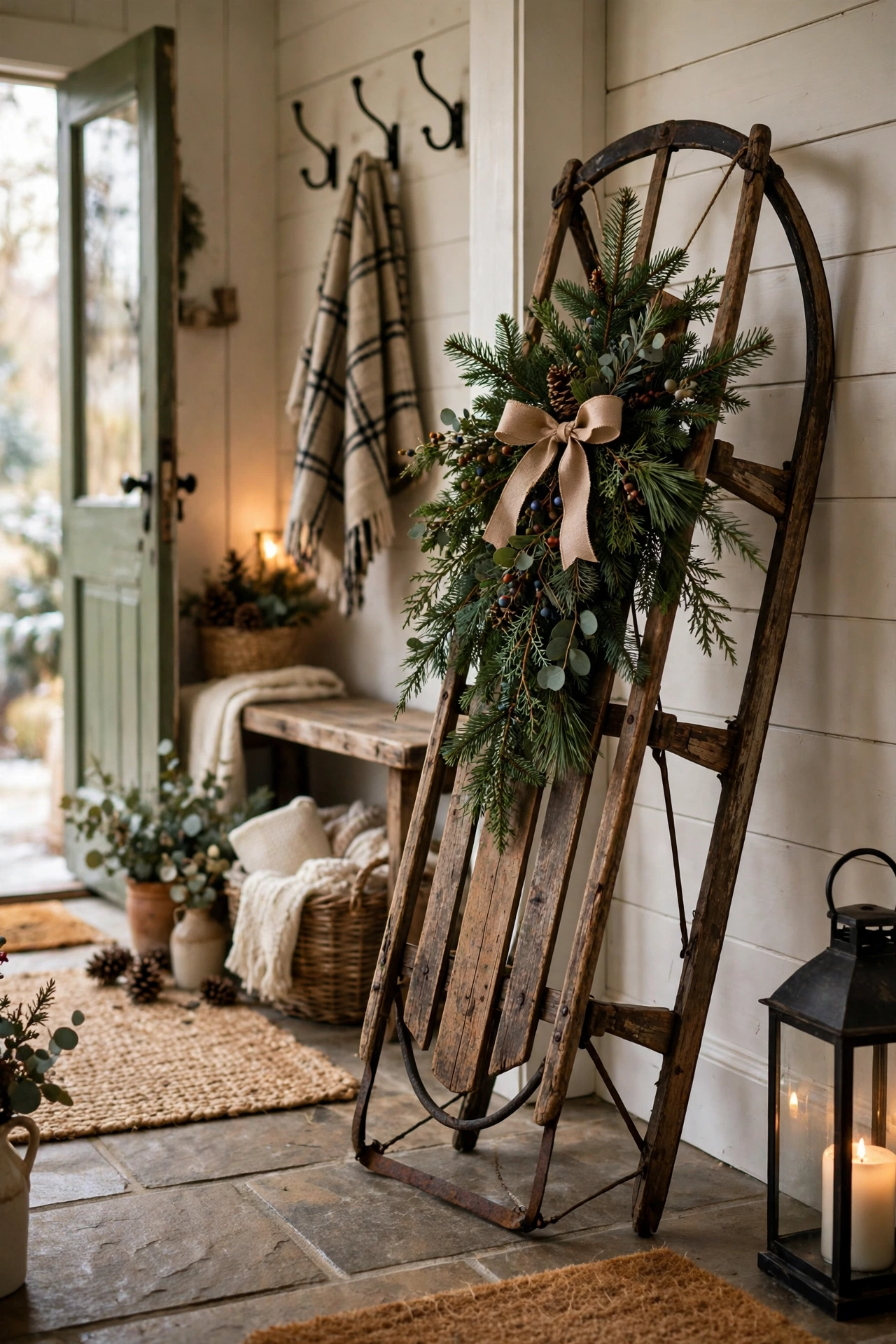 Vintage wooden sled decorated with greenery leaning against an entryway wall