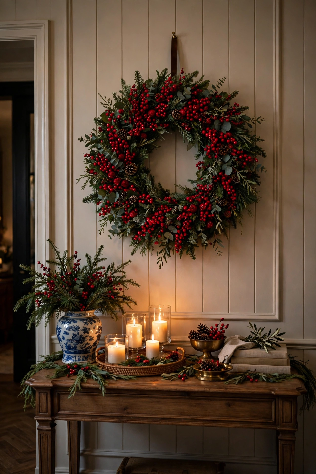 Red berry Christmas wreath hanging above an entryway console table