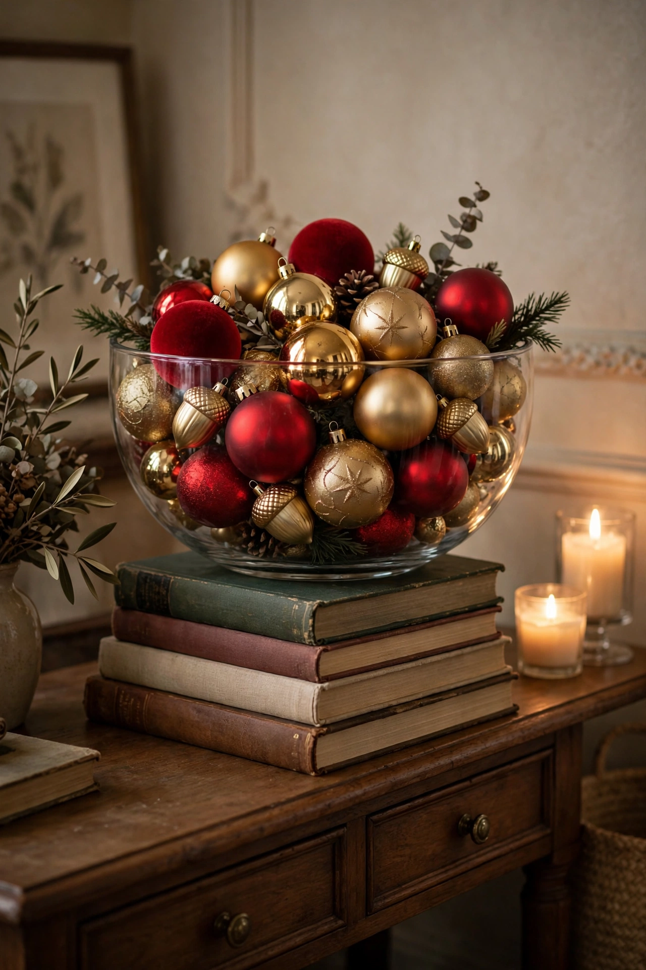 Glass bowl filled with red and gold Christmas ornaments on an entryway table