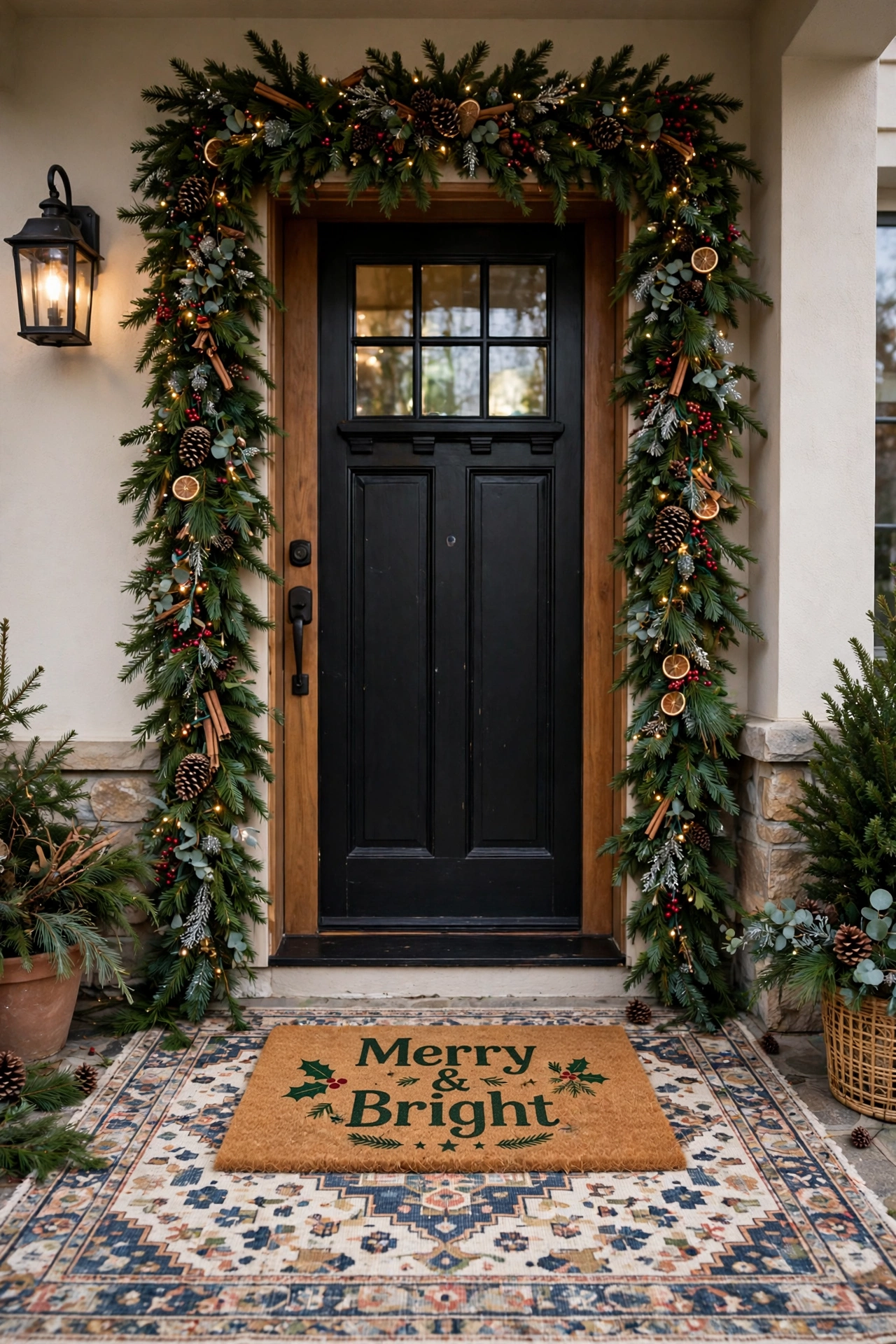 Layered holiday doormat with Christmas message over a larger patterned rug
