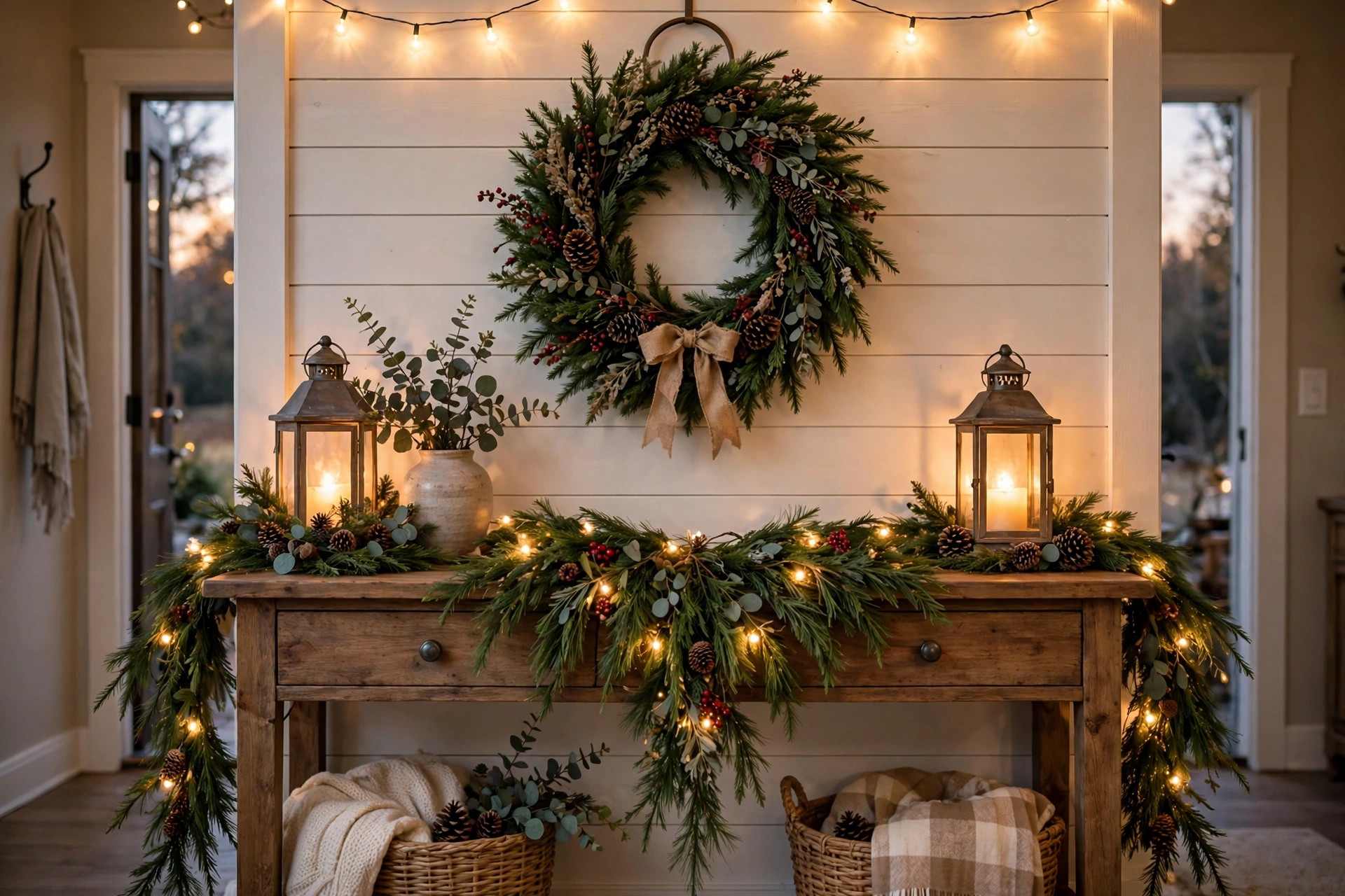 Christmas entryway with garland-draped console table, glowing lanterns and a wreath