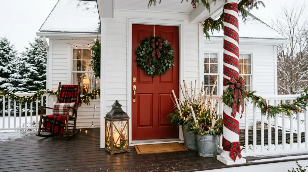 ristmas front porch decorated with a plaid-wrapped column, lantern, and whitewashed birch branches