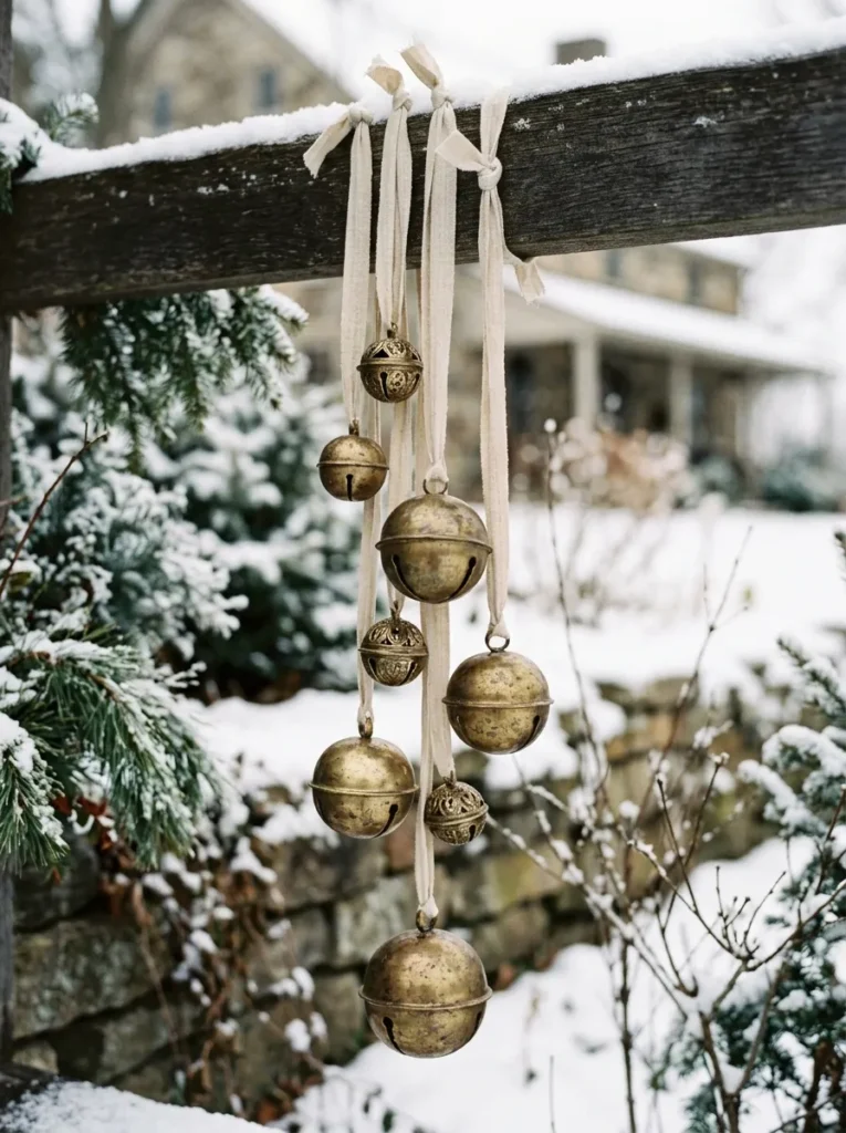 Brass jingle bells hung at staggered heights on a railing